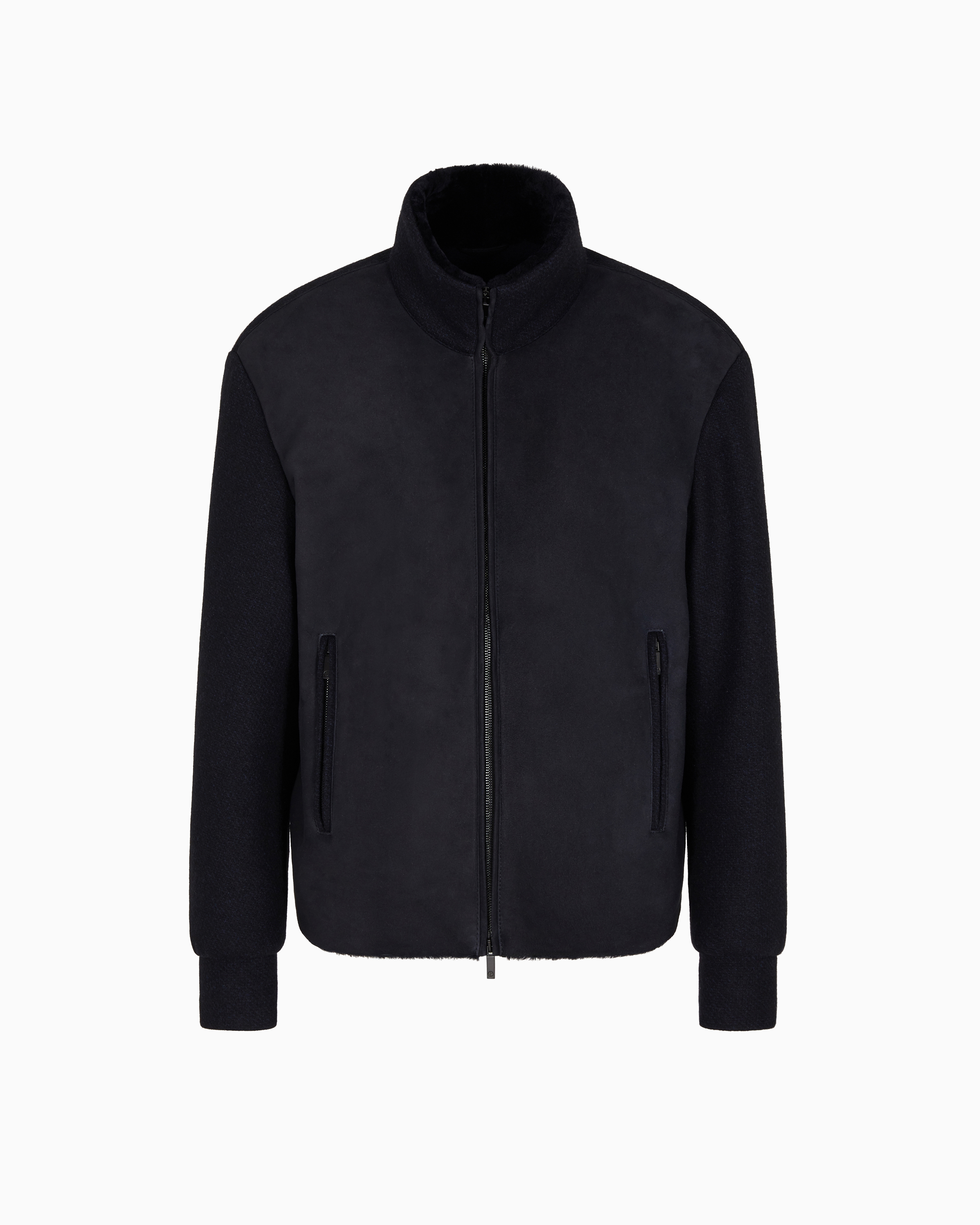 Giorgio Armani Lamb Shearling Suede And Virgin Wool Blouson In Blue