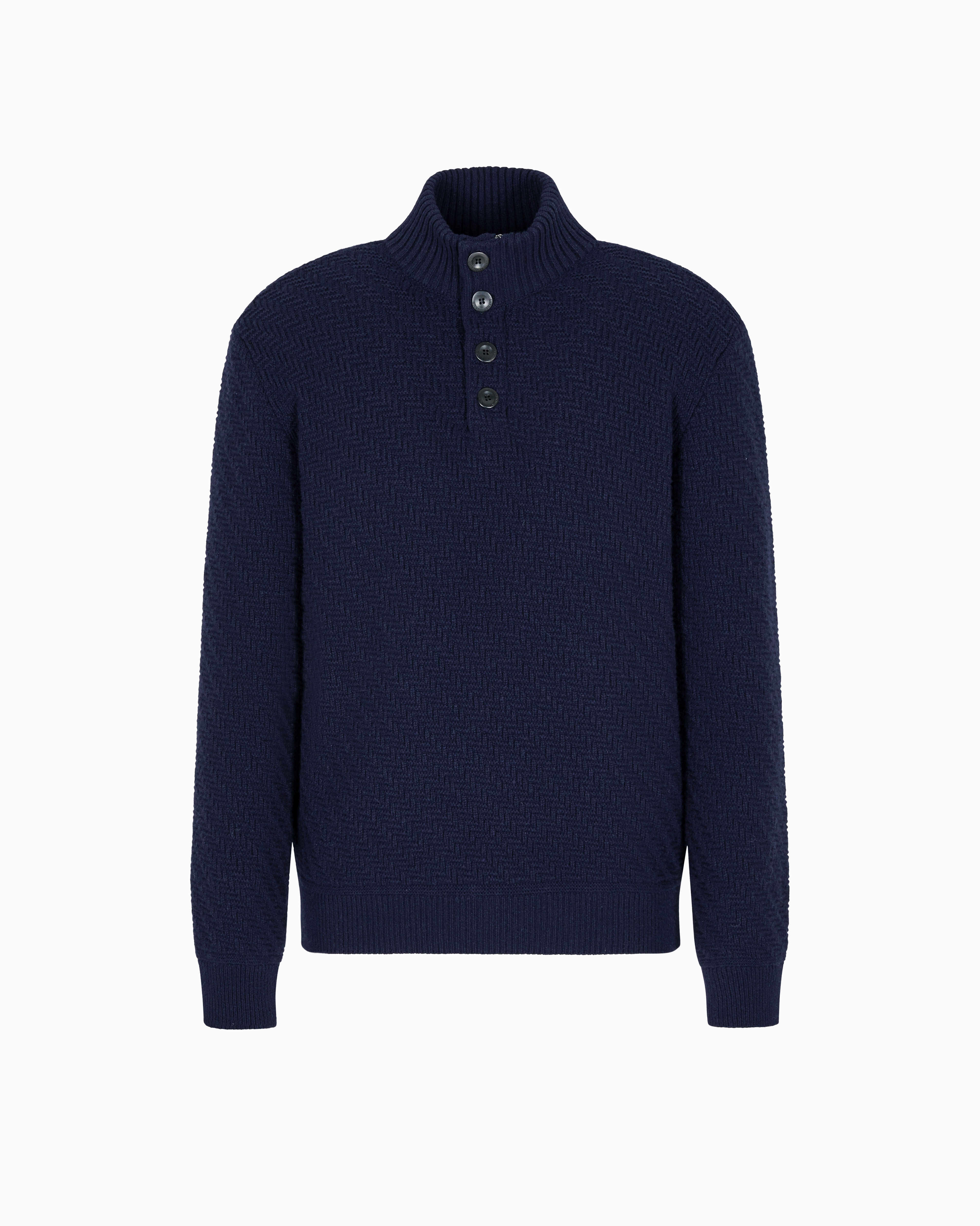 Giorgio Armani Mock Neck Jumper In Diagonal Links-stitch Cashmere In Blue