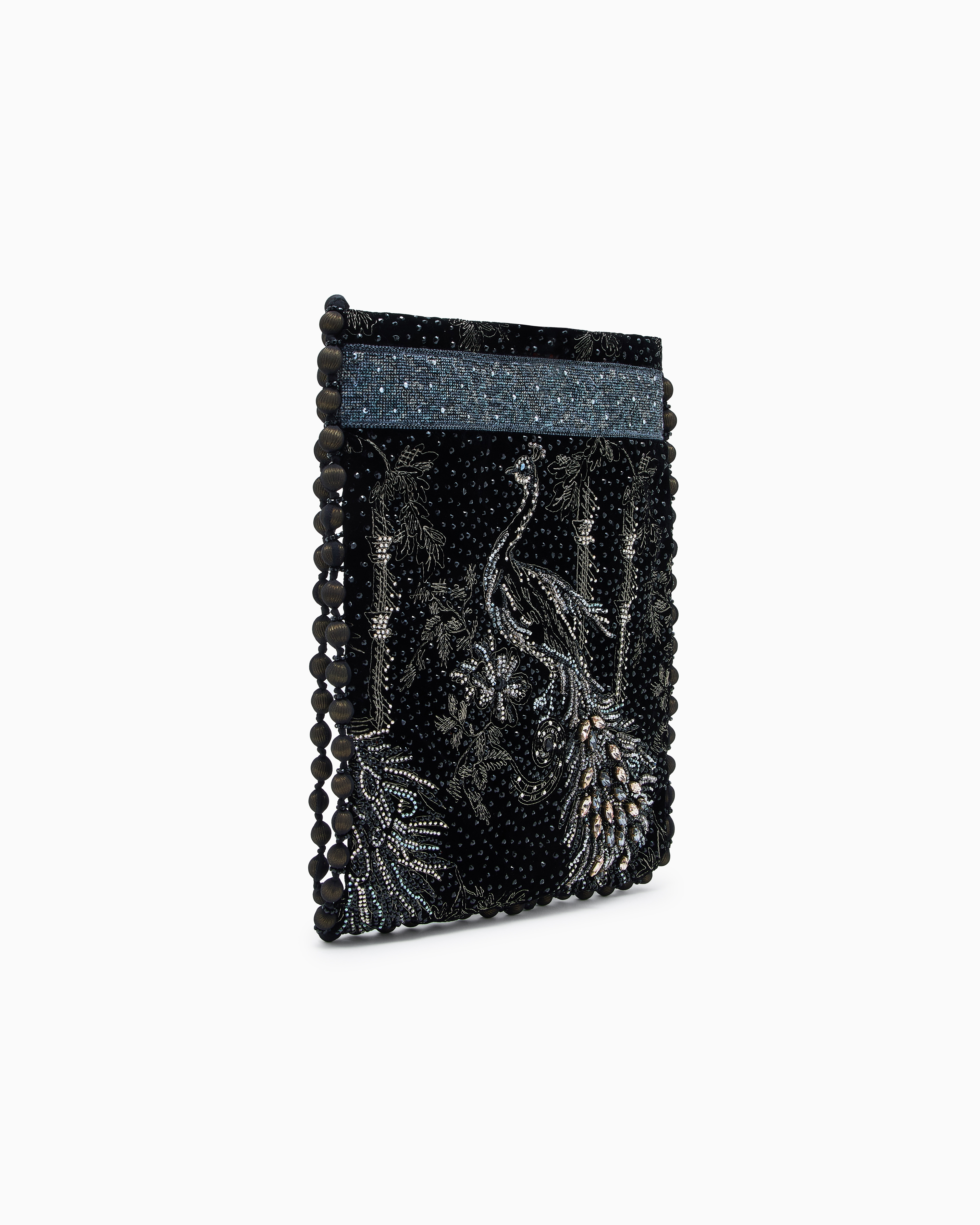 Giorgio Armani Embroidered Velvet Shoulder Bag In Black