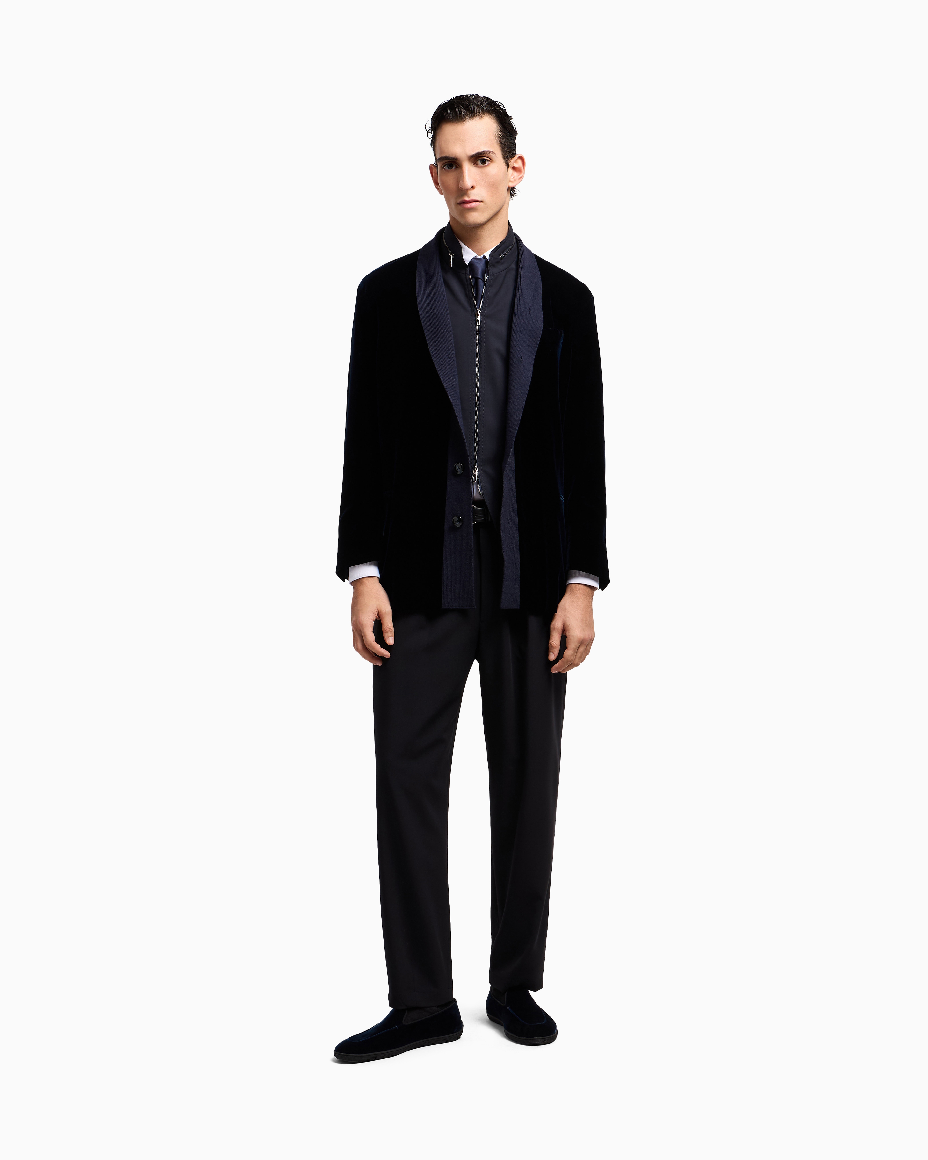 Giorgio Armani Single-breasted Jacket In Velvet With Knit Details In Blue