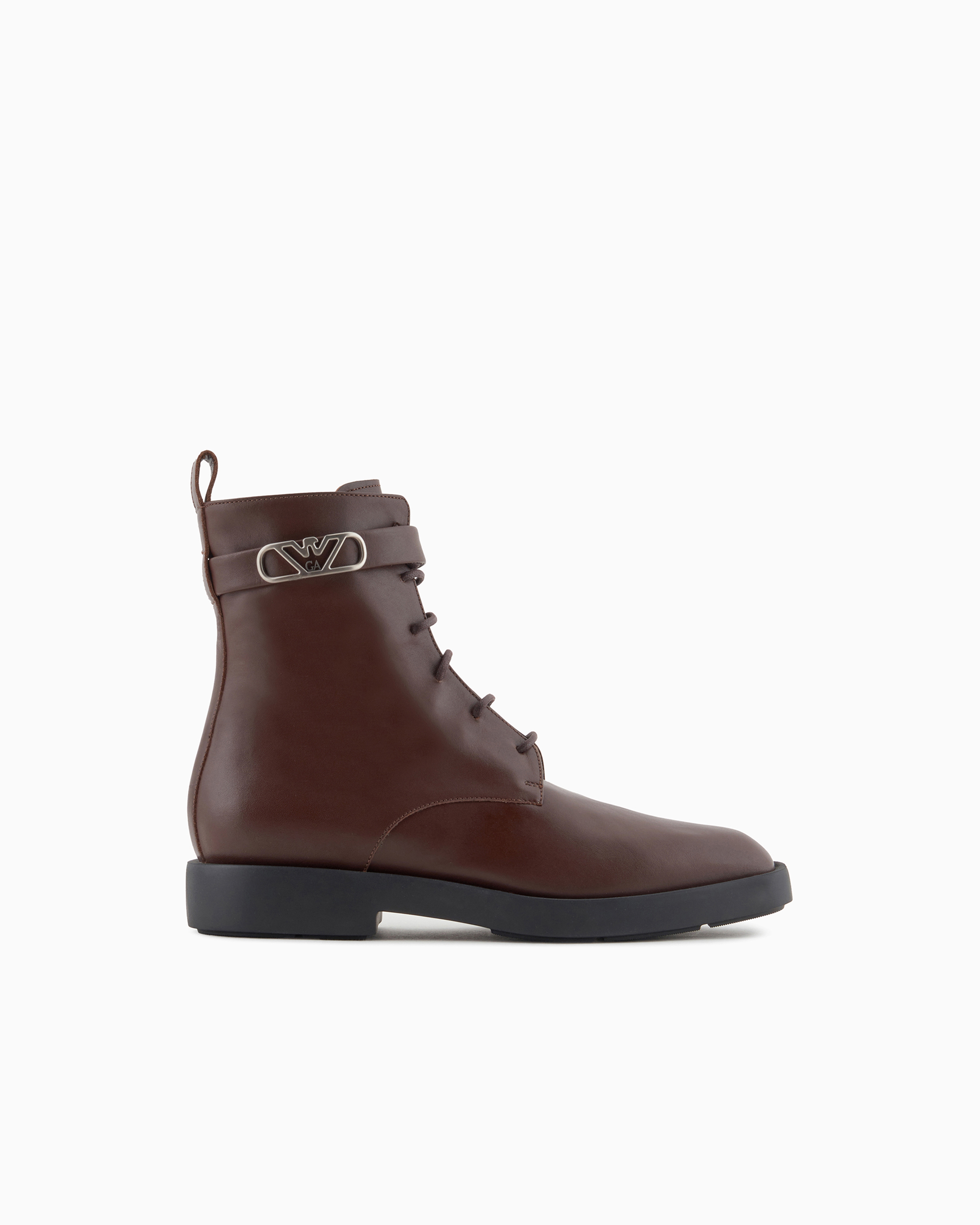 Emporio Armani - Leather lace-up ankle boots with Icon logo strap, Woman, Brown, Size:
