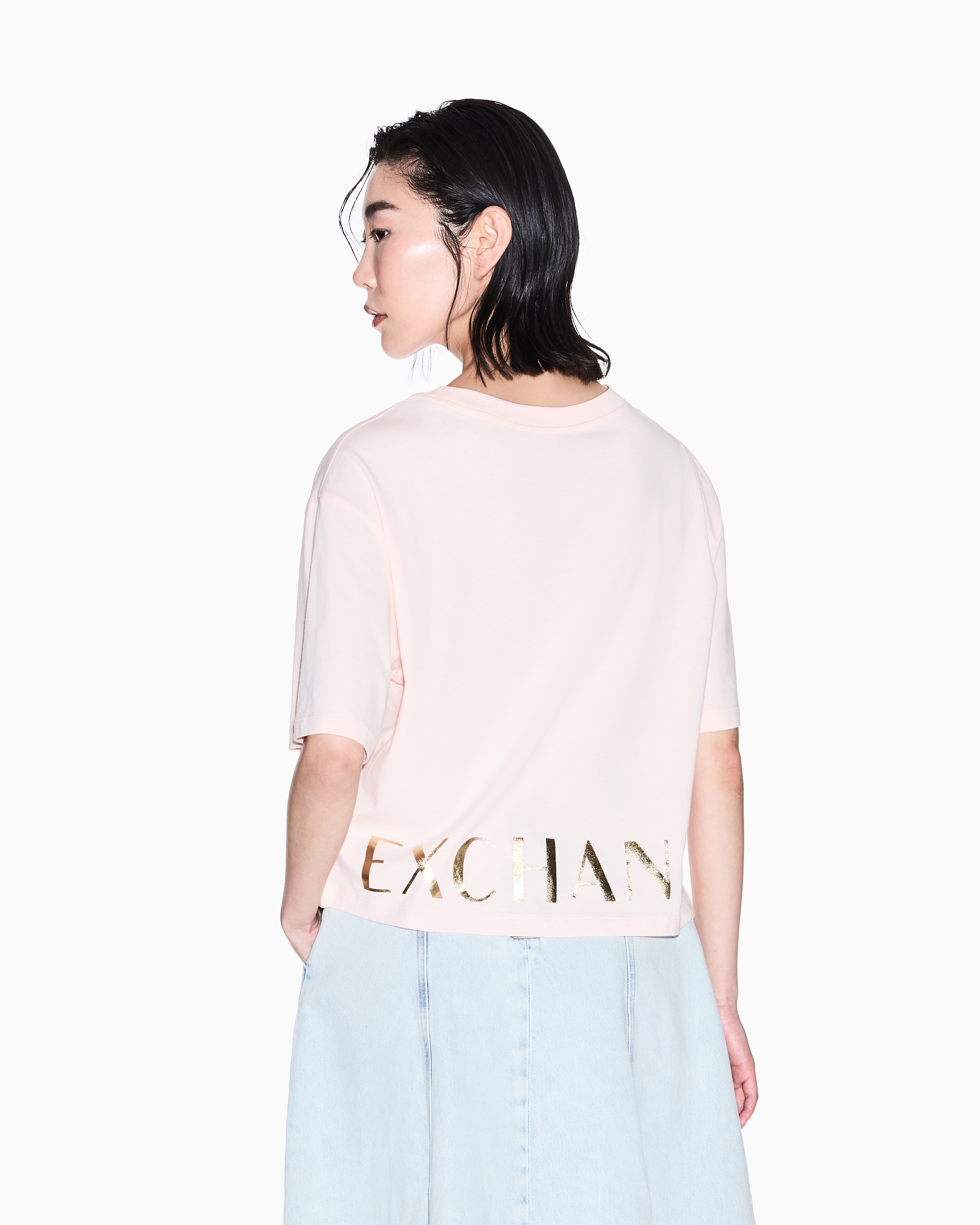 Armani Exchange - Cropped T-shirt with logo profile, Woman, Pink, Size: