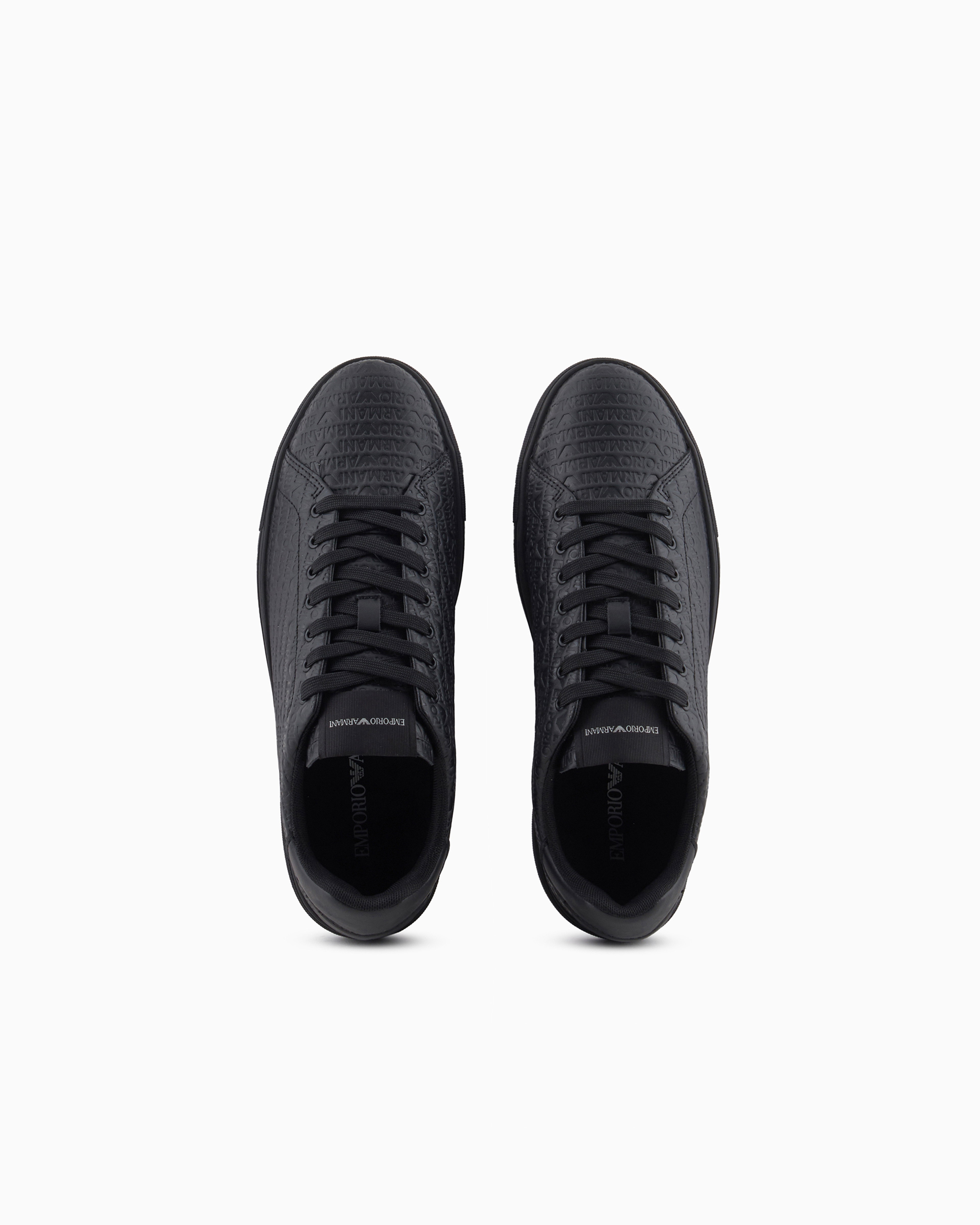 Emporio Armani◆スニーカー ハンマードレザー ブラック ロゴ スニーカー レザー製 スエードディテール＆エンボスロゴ