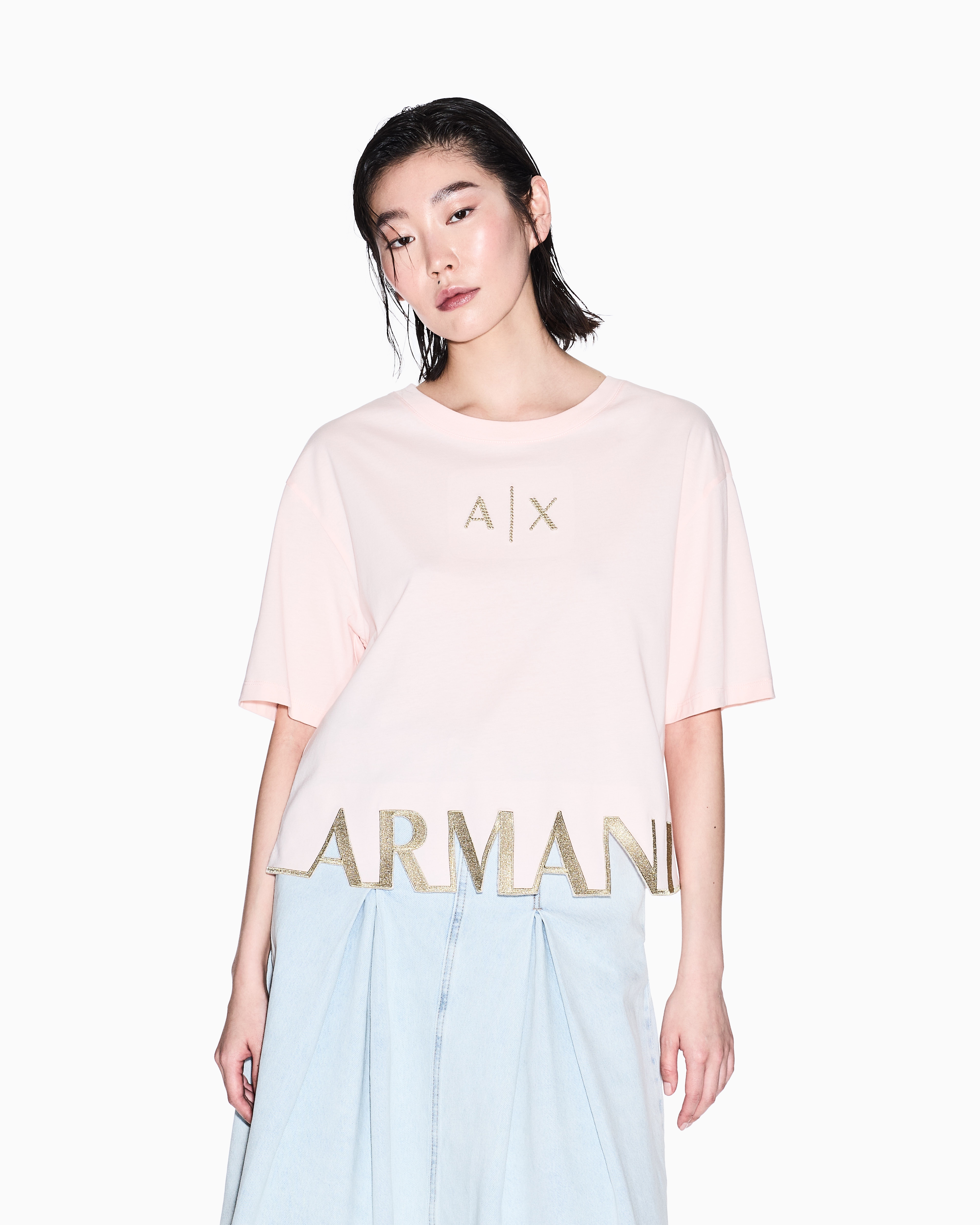 Armani Exchange - Cropped T-shirt with logo profile, Woman, Pink, Size: