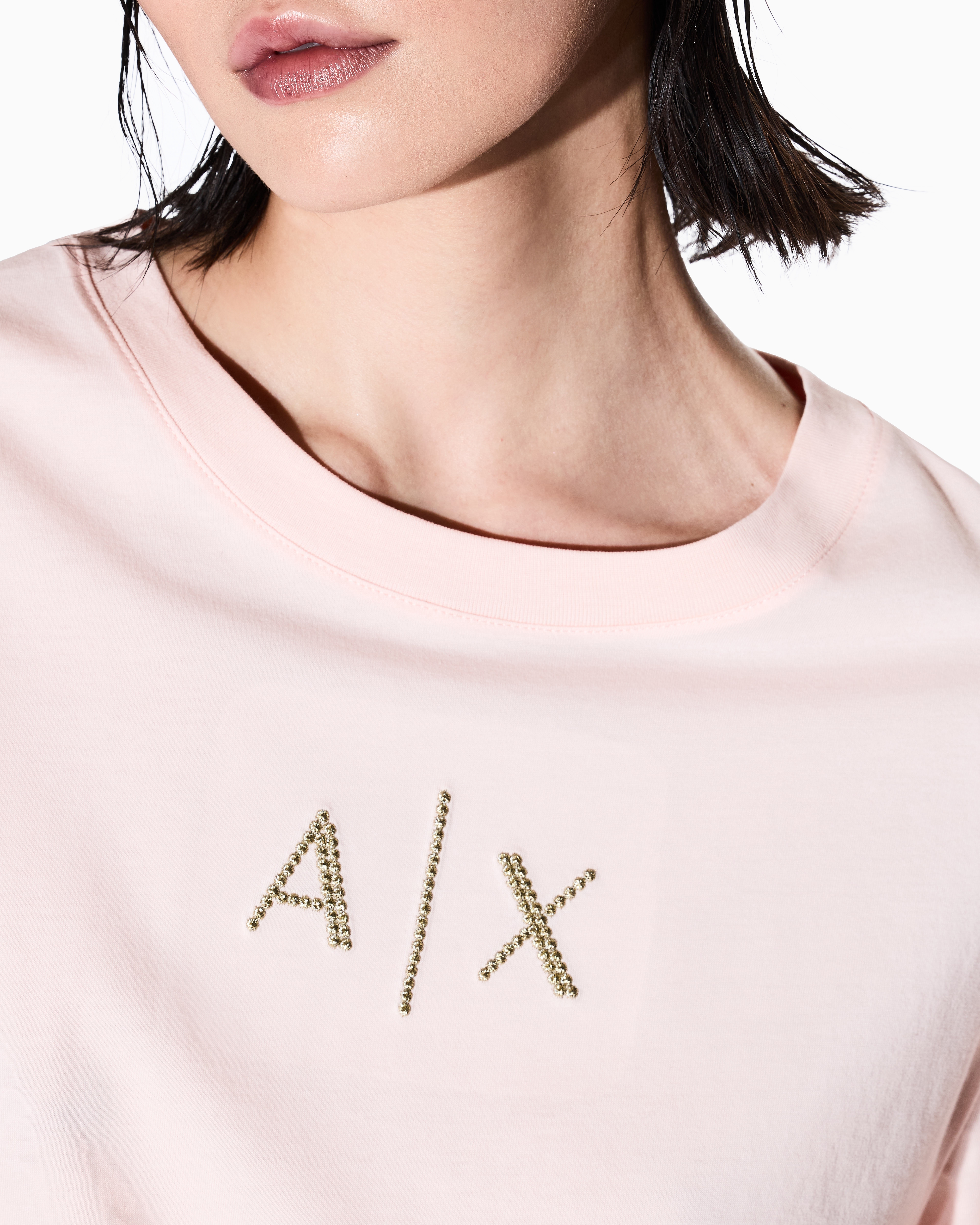 Armani Exchange - Cropped T-shirt with logo profile, Woman, Pink, Size: