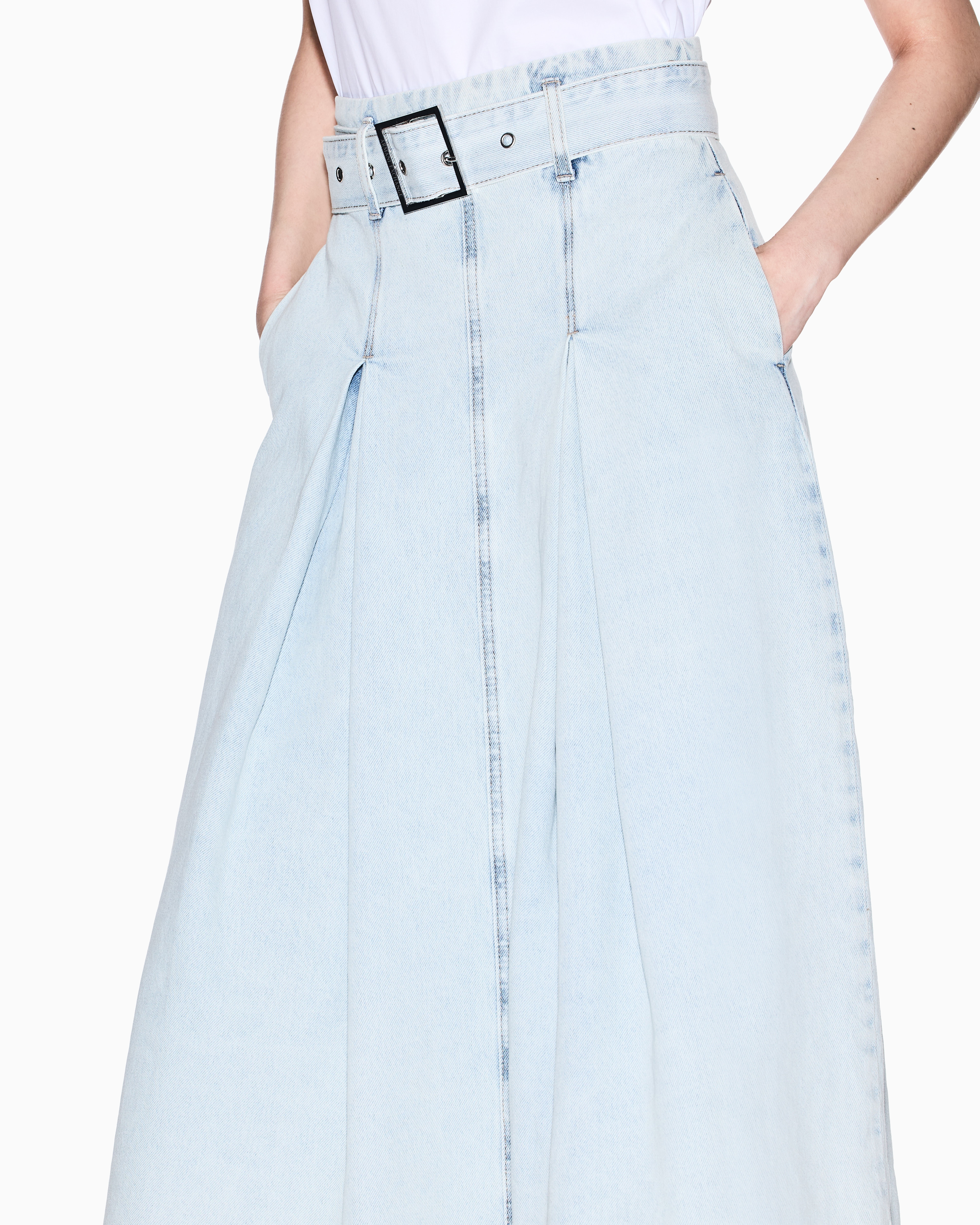 Armani Exchange - Denim pleated longuette skirt, Woman, Blue, Size: