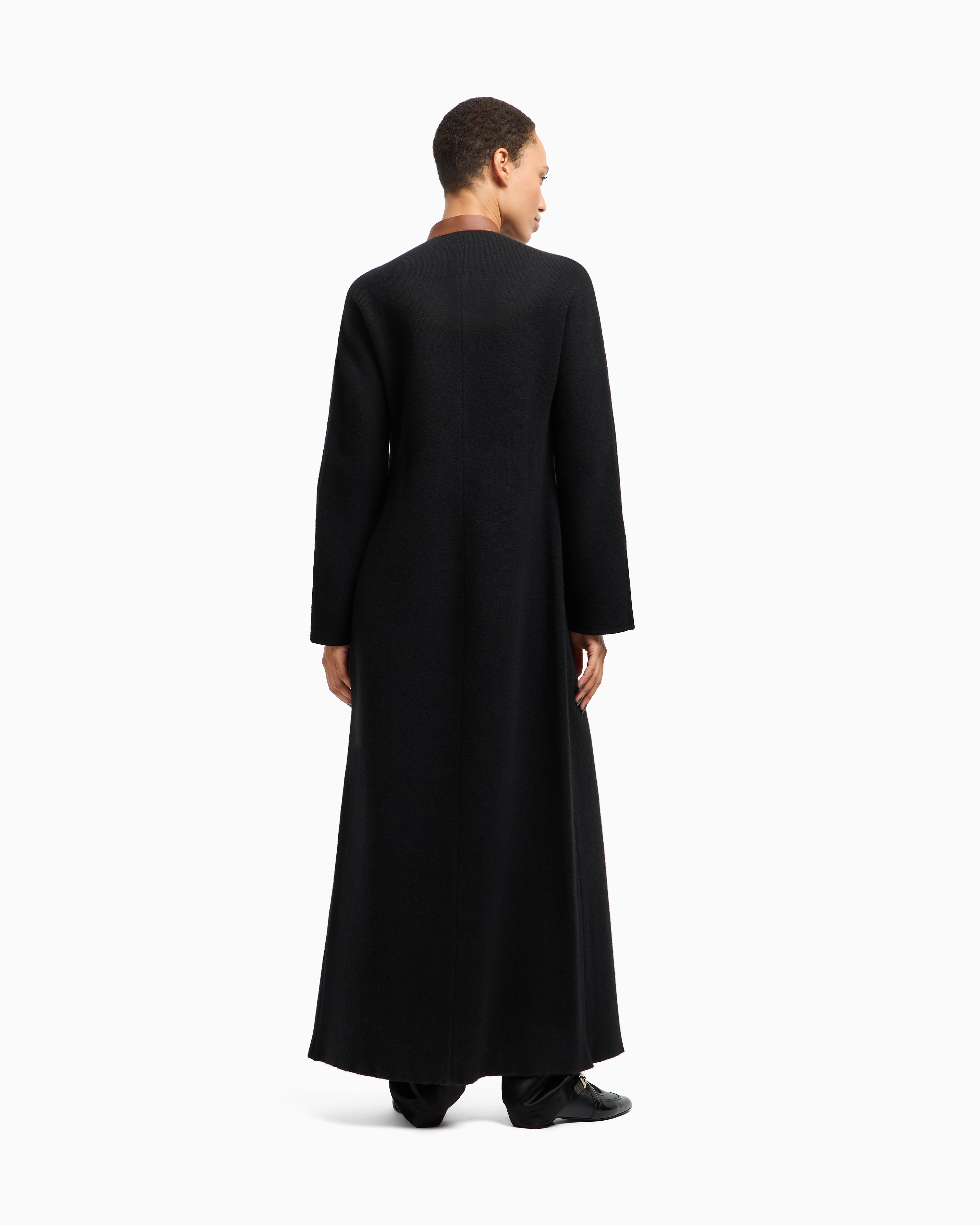 Giorgio Armani Long Coat In Bonded Wool And Cashmere With Leather Details In Black
