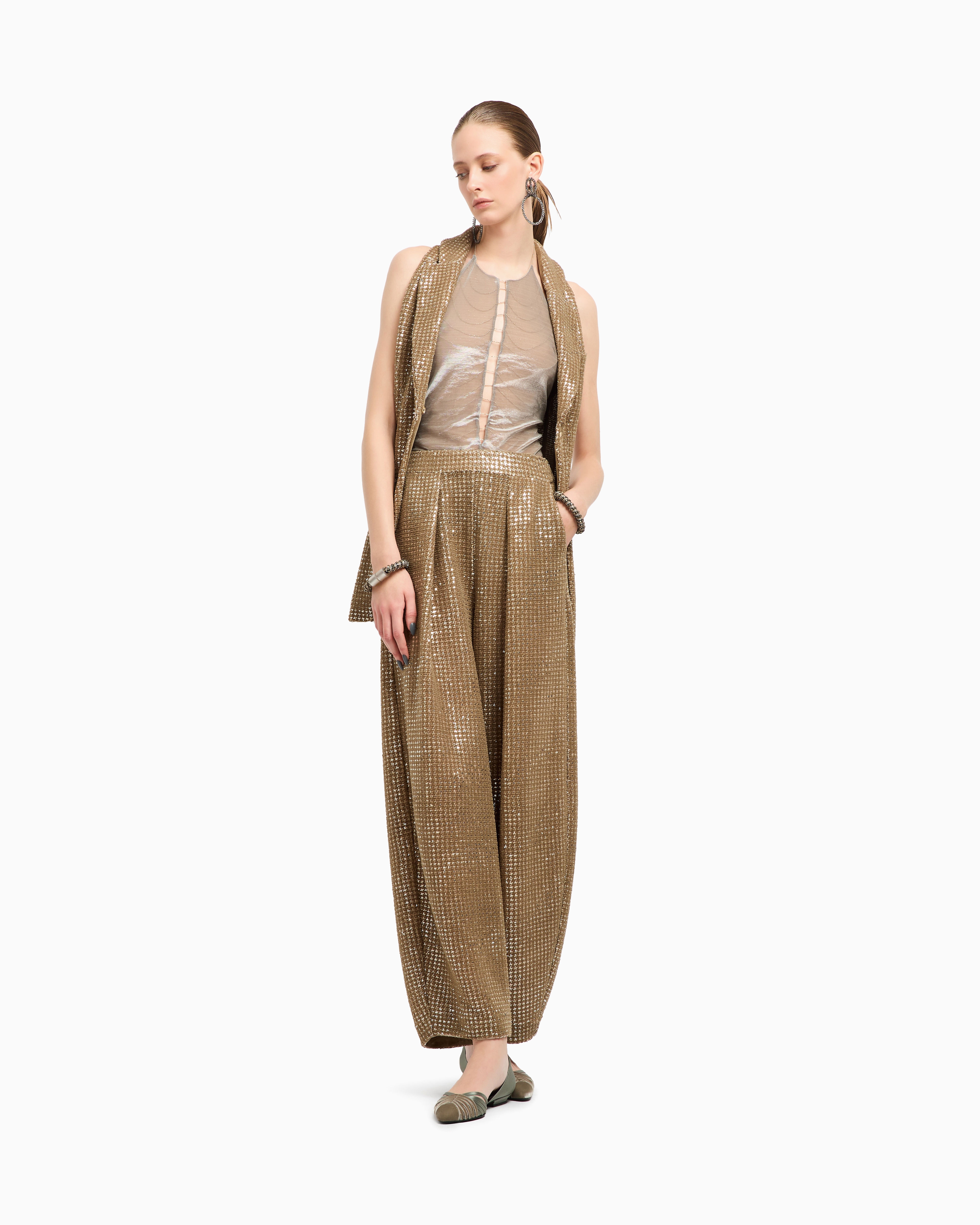 Giorgio Armani Long Jersey Waistcoat With A Flocked Print And Sequins In Gold