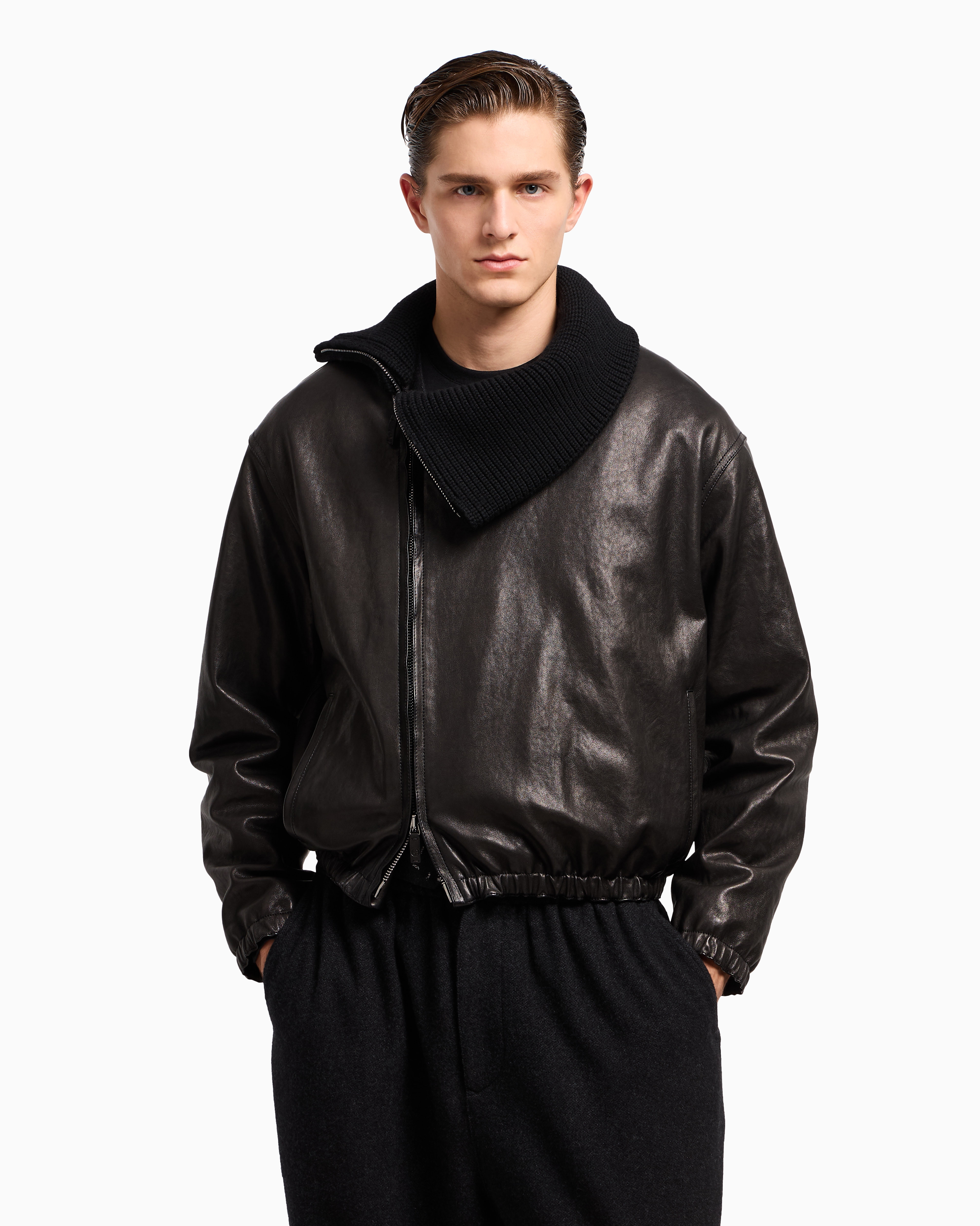 Giorgio Armani Nappa Leather Bomber Jacket With Wool Collar In Black