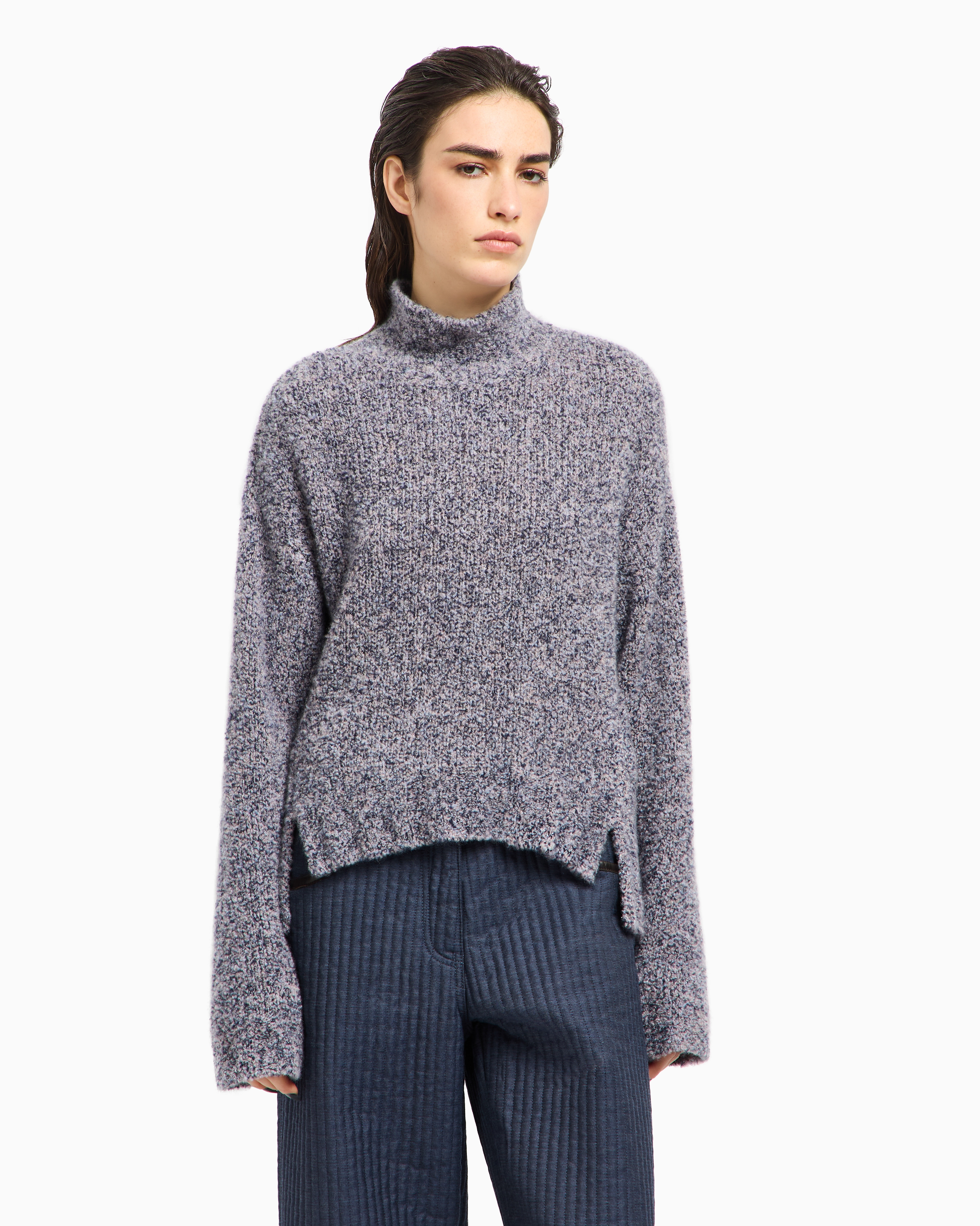 Giorgio Armani Turtleneck Cashmere-silk Boucle Sweater In Gray