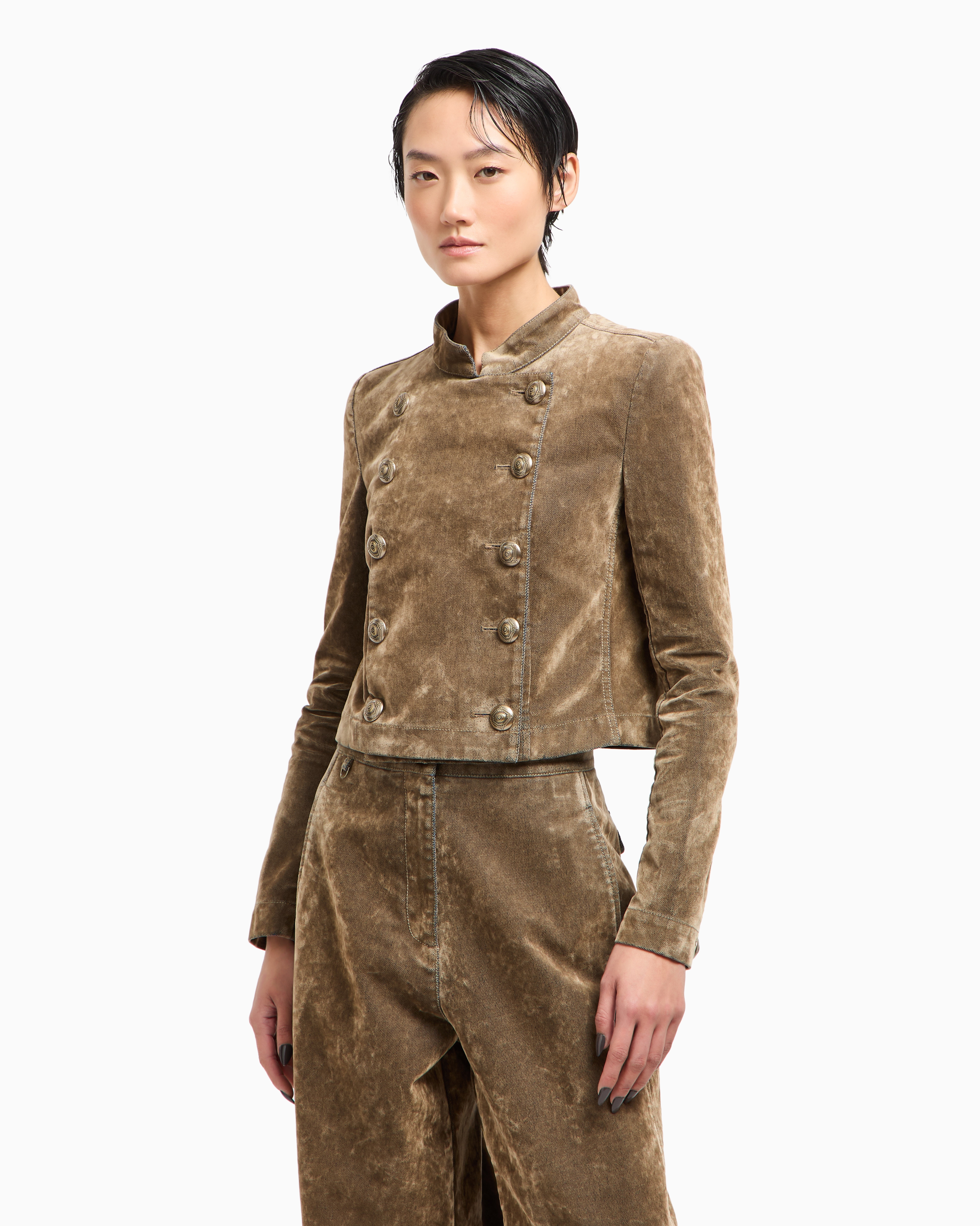 Giorgio Armani Velvet Double-breasted Short Jacket In Brown