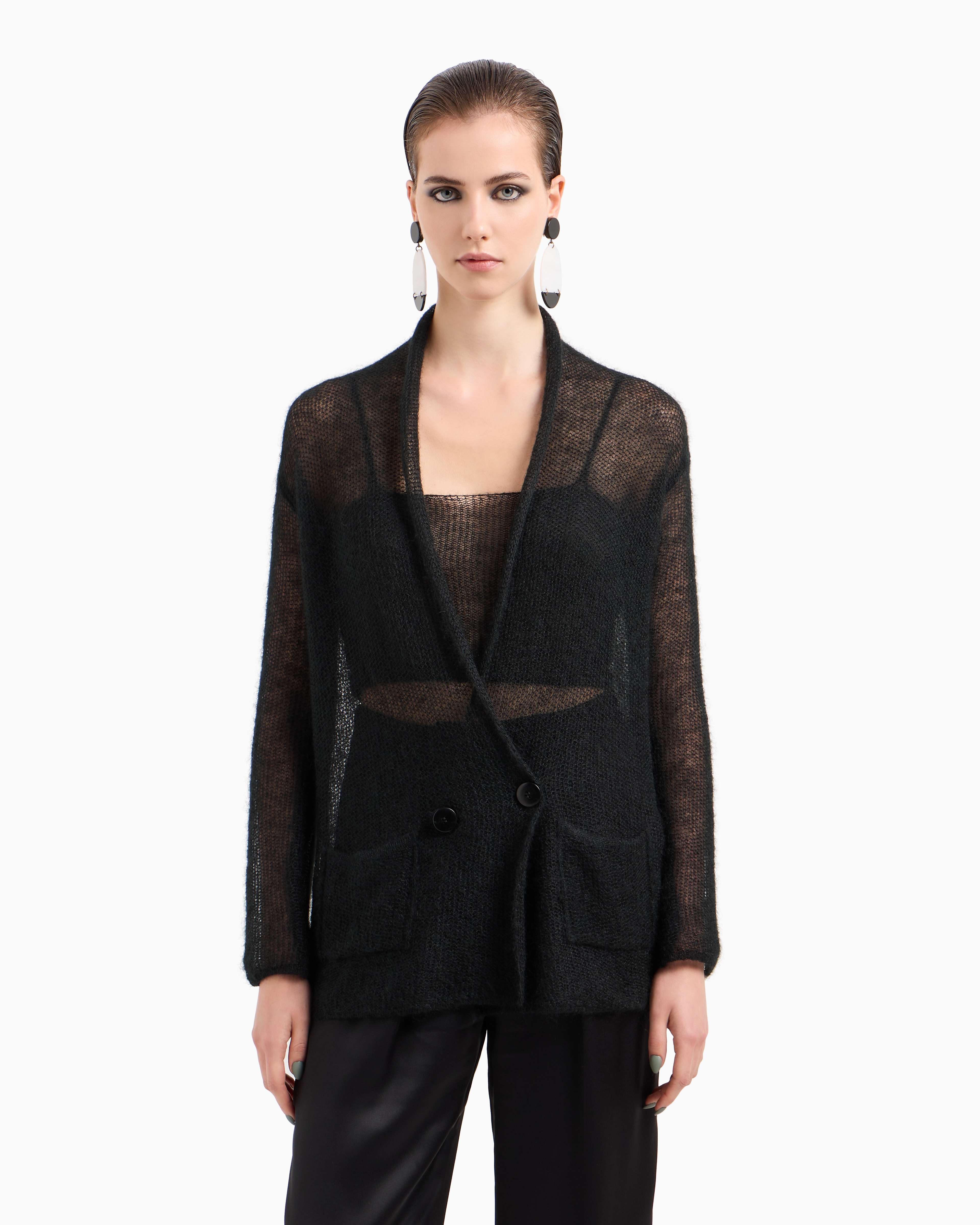 Giorgio Armani Mohair Wool-blend Top And Double-breasted Cardigan Twinset In Black