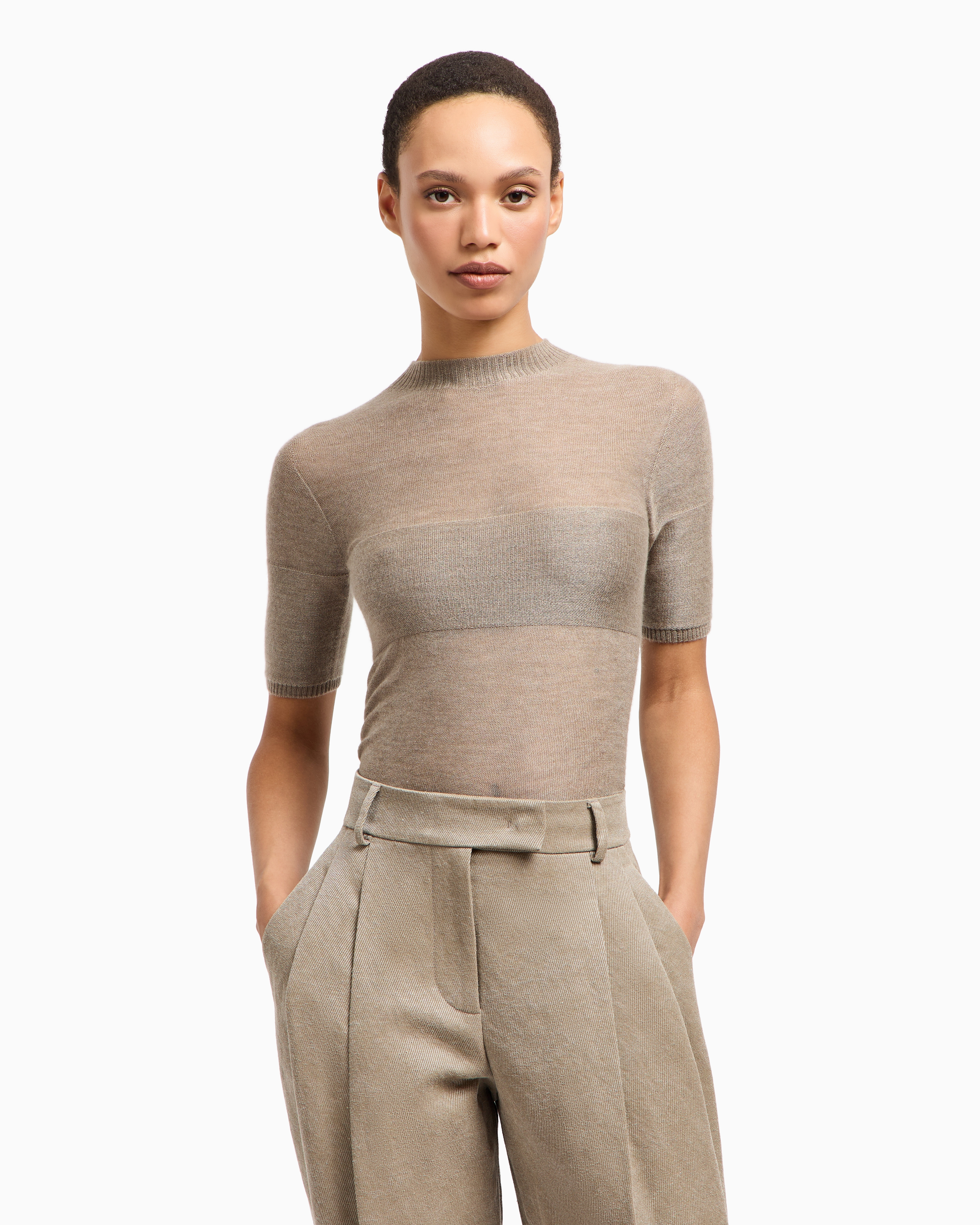 Giorgio Armani Short-sleeved Cashmere And Silk Jumper In Neutral