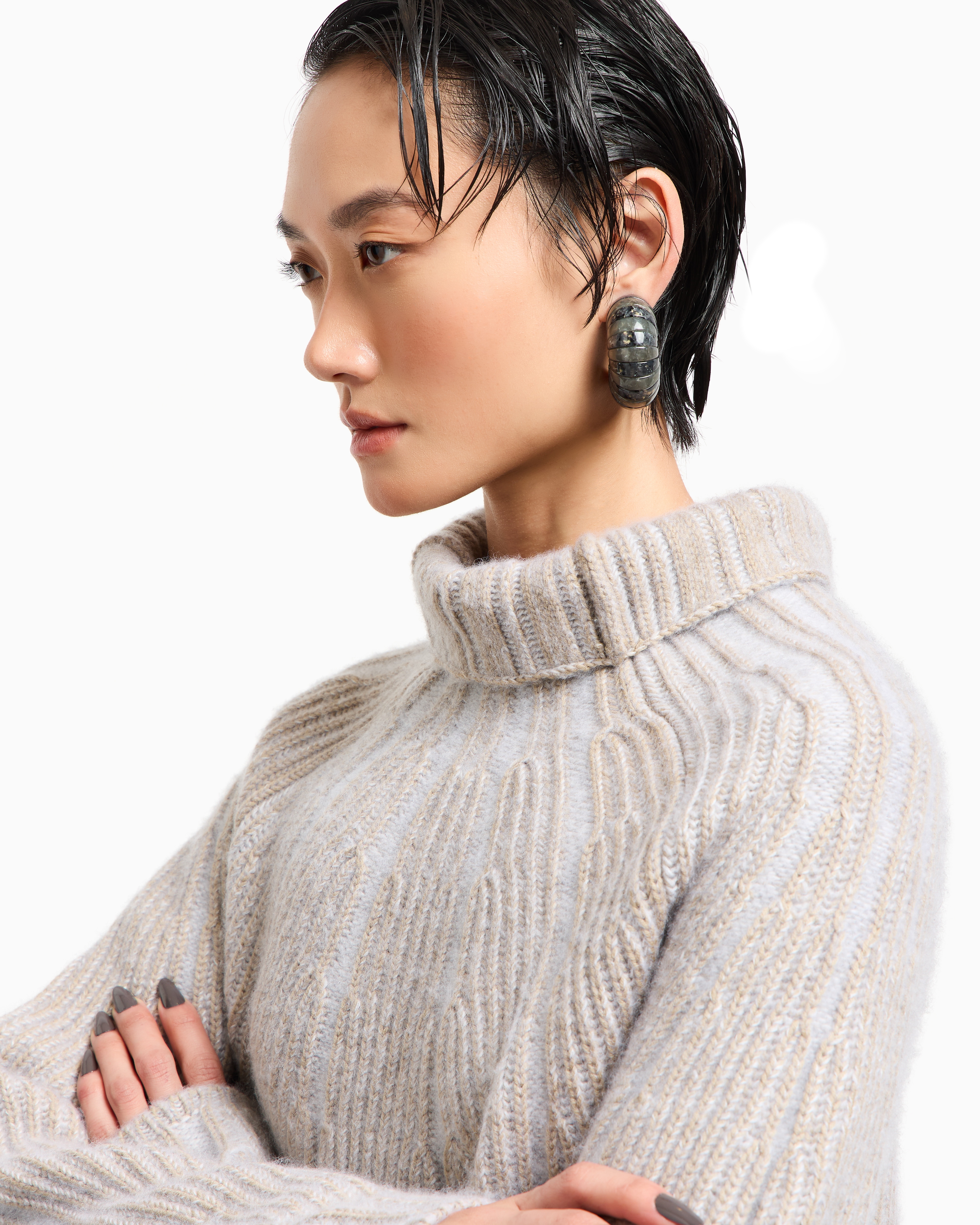 Giorgio Armani Virgin Wool, Cashmere And Silk Mock-neck Jumper In Neutral
