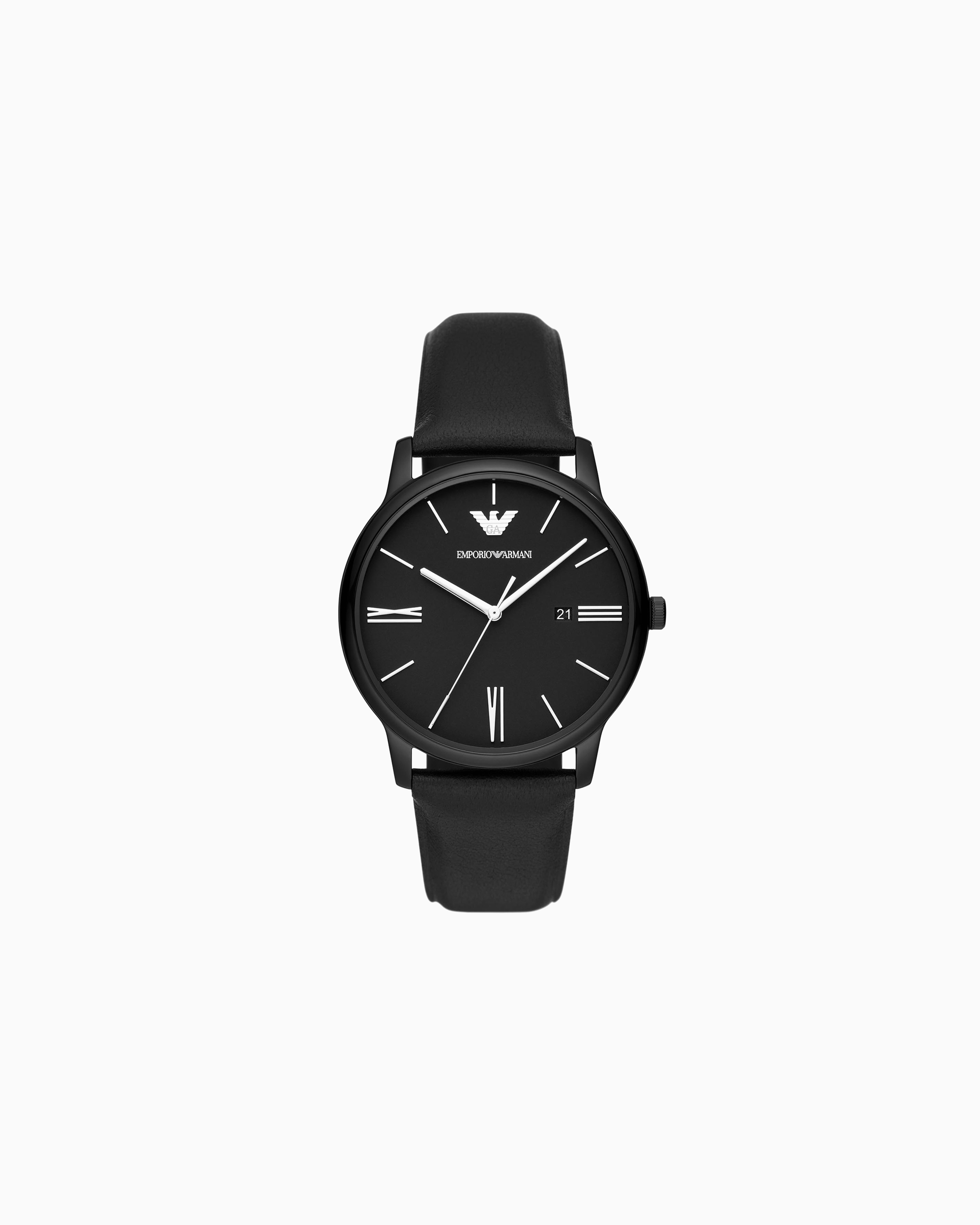 EMPORIO ARMANI レザー腕時計 3針デイトウォッチ ブラックレザー | Emporio Armani