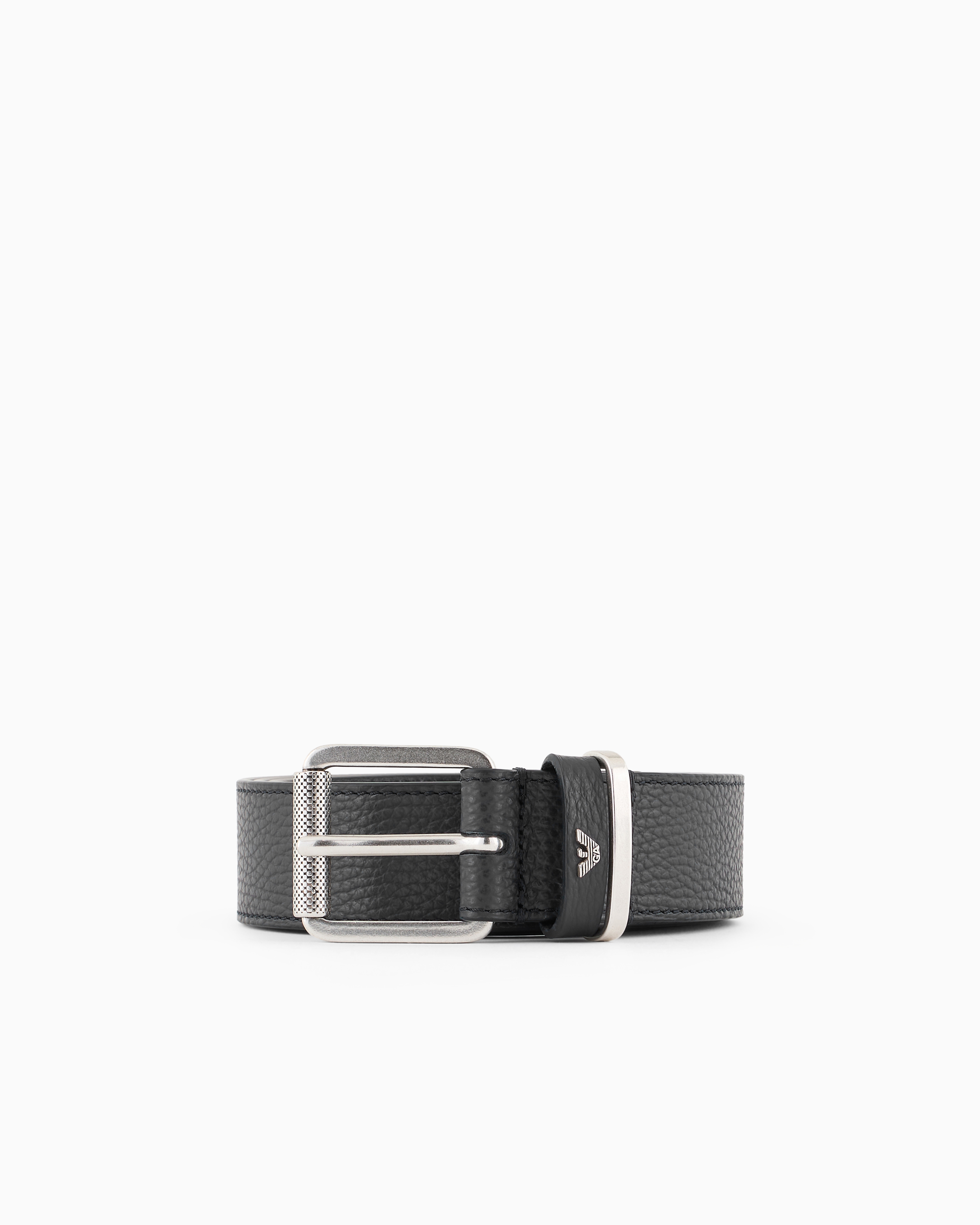 Emporio Armani - Pebbled leather belt with oversized logo lettering, Man, Black, Size: