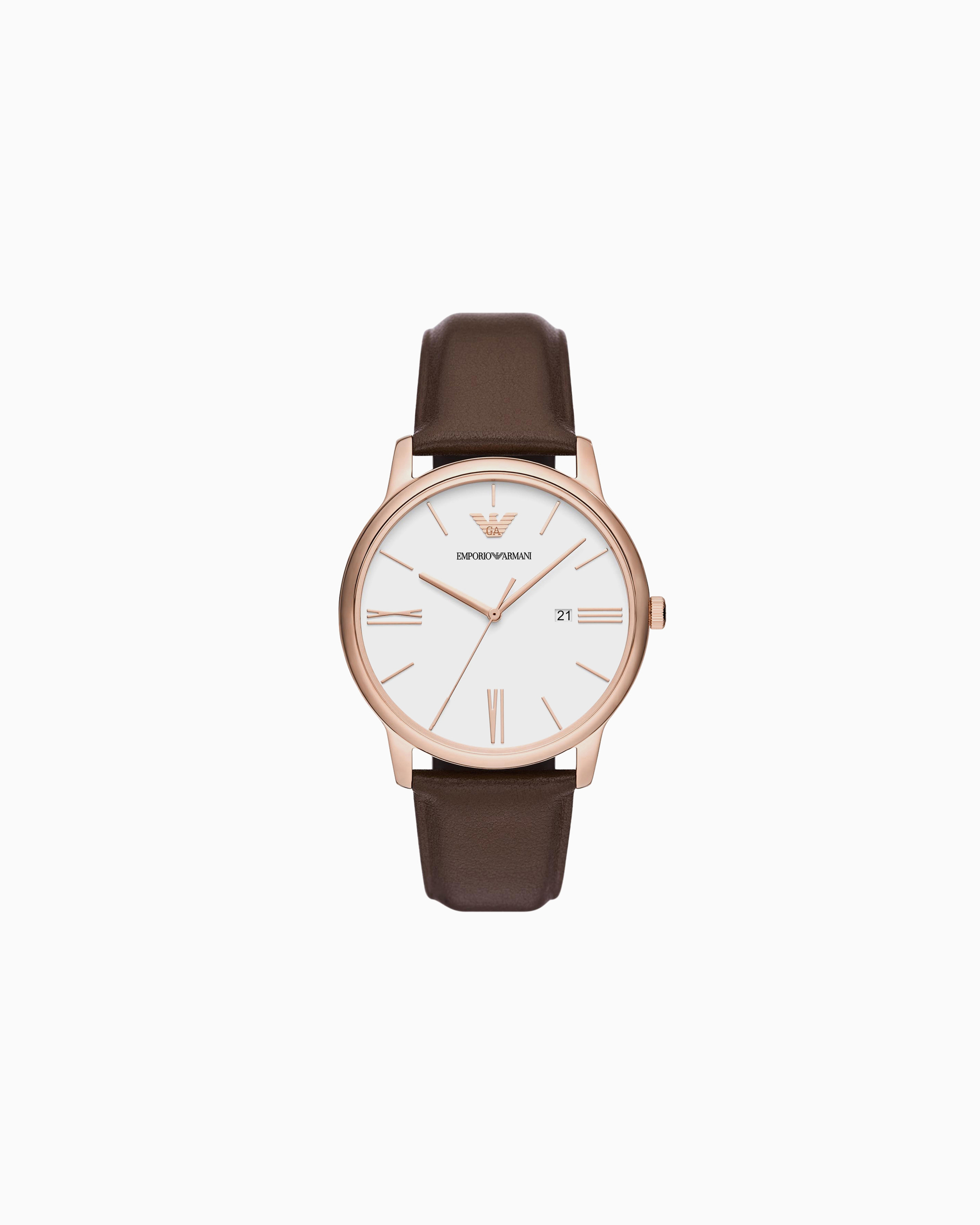 Emporio Armani -  Three-Hand Date Brown Leather Watch, Man, Multicoloured, Size: TU