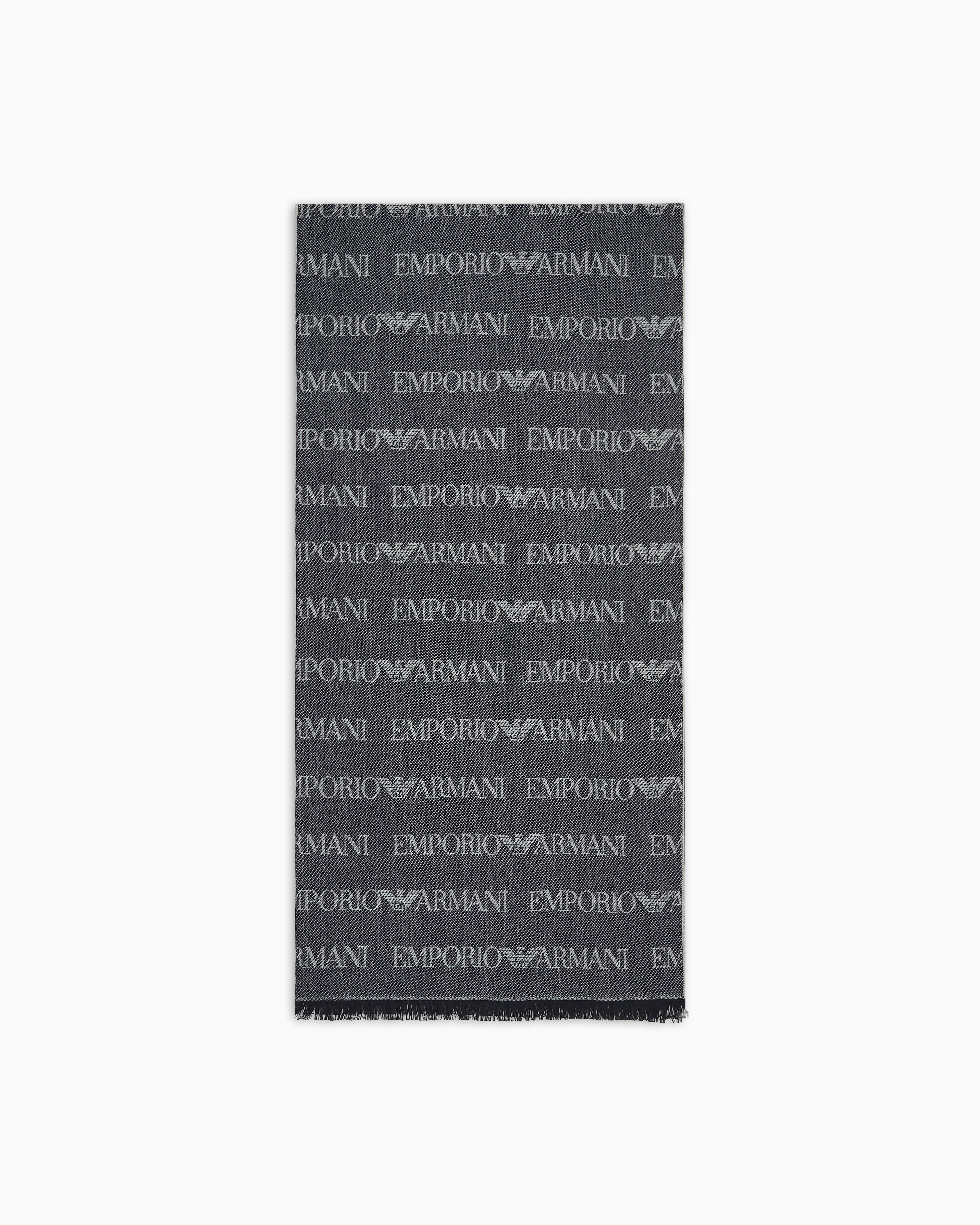 Emporio Armani Blue Virgin-Wool Blend Scarf With Jacquard Logo Lettering And Fringes Tu