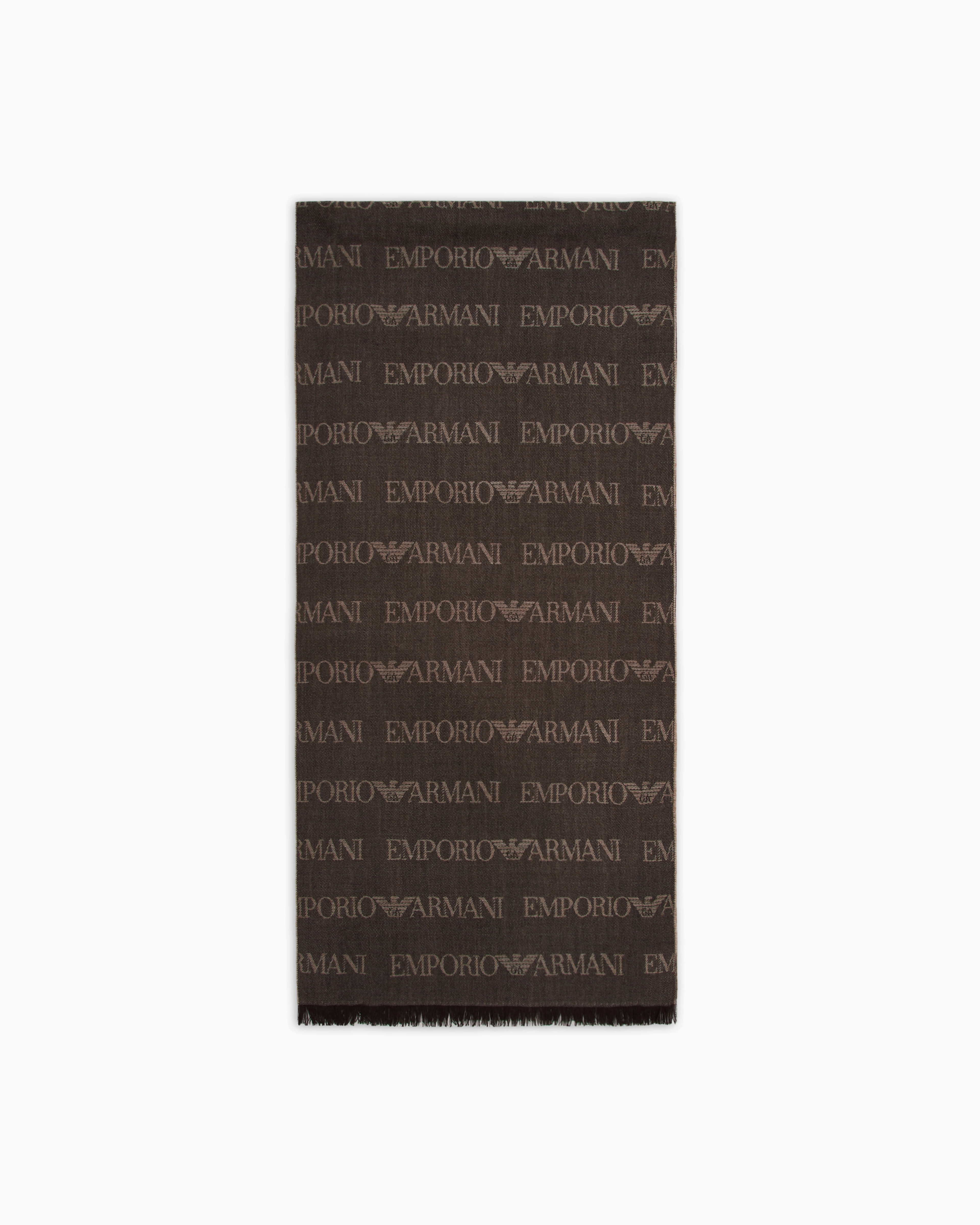 Emporio Armani Brown Virgin-Wool Blend Scarf With Jacquard Logo Lettering And Fringes Tu