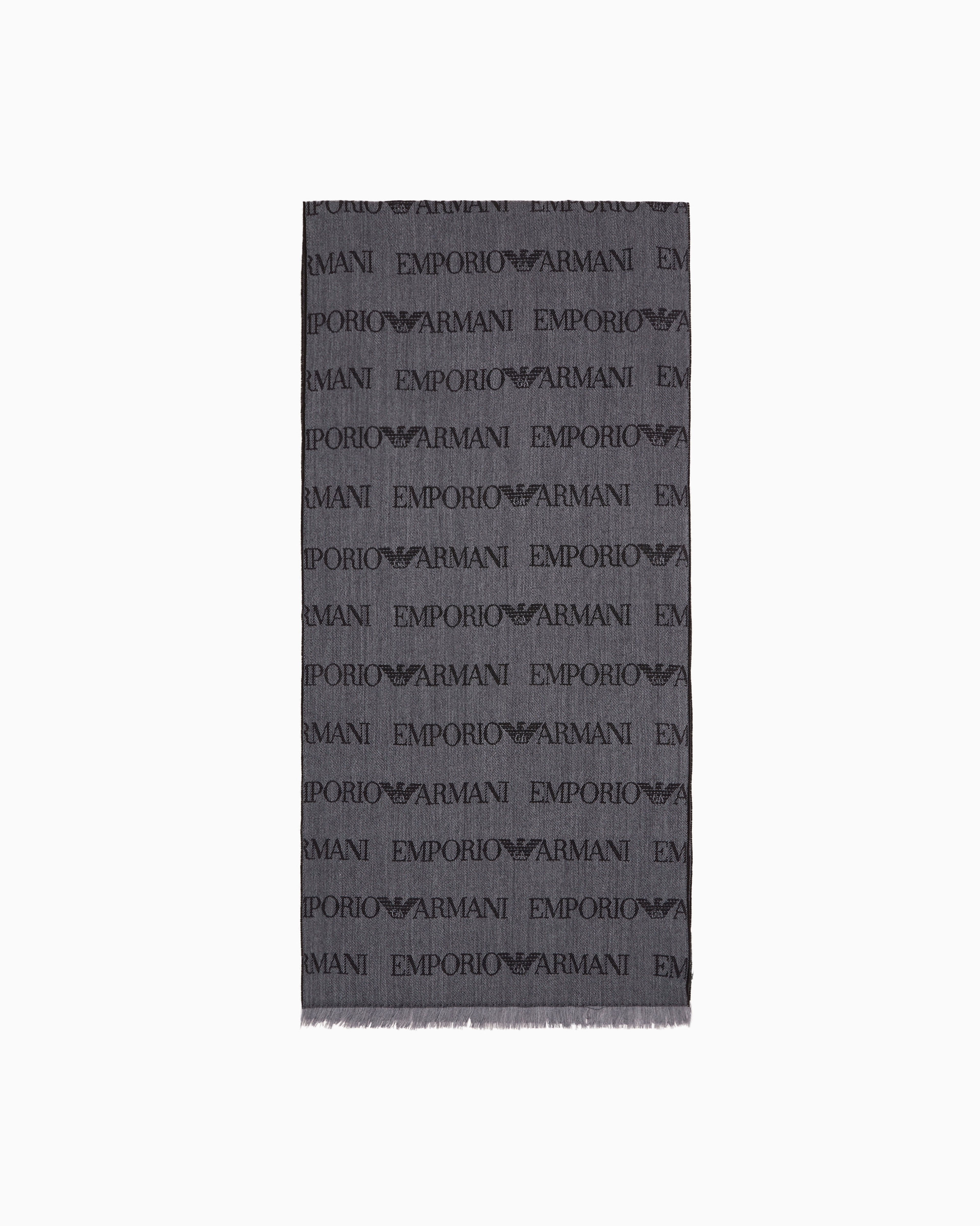 Emporio Armani Grey Virgin-Wool Blend Scarf With Jacquard Logo Lettering And Fringes Tu