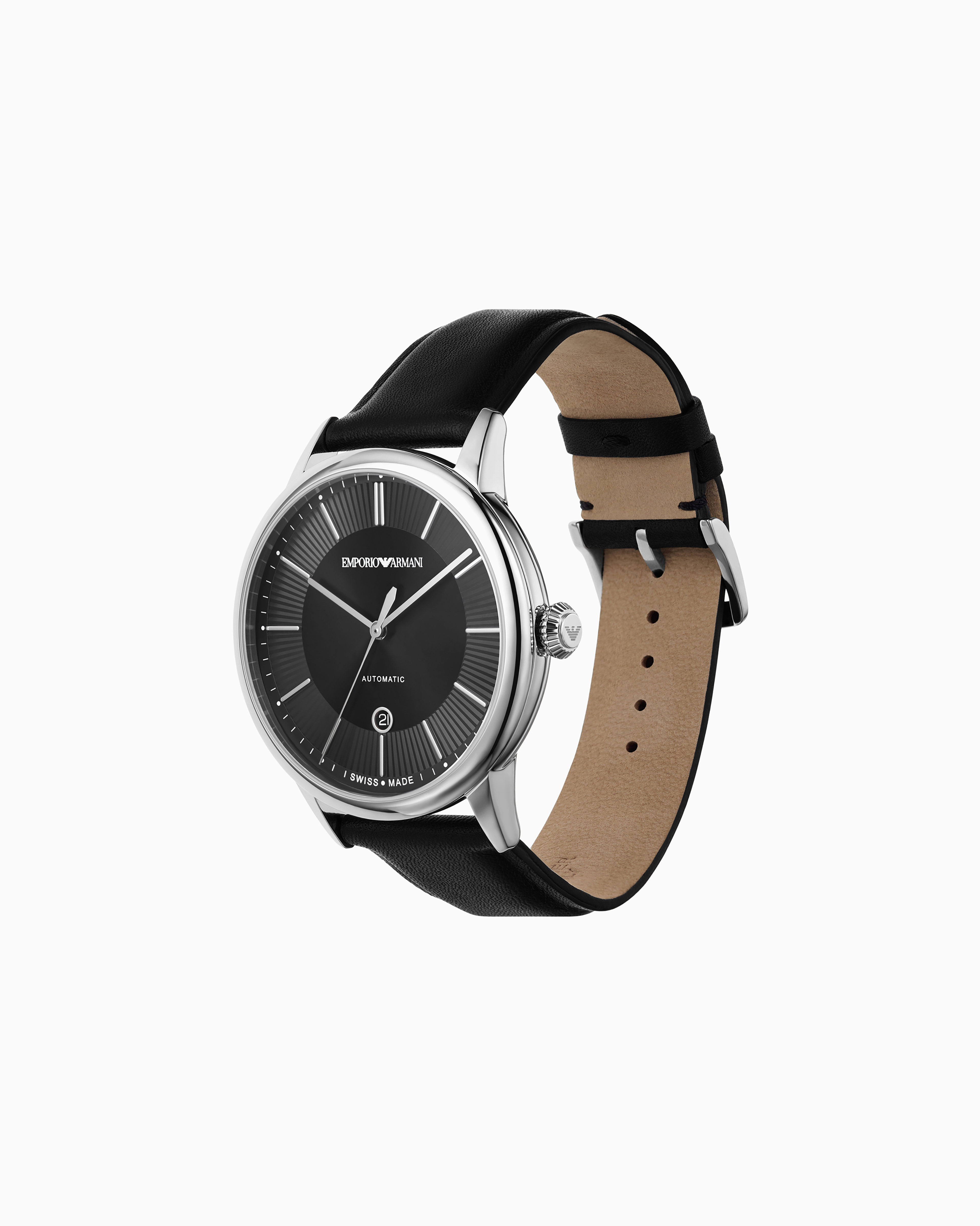 Swiss Made Automatic Black Leather Watch | Emporio Armani