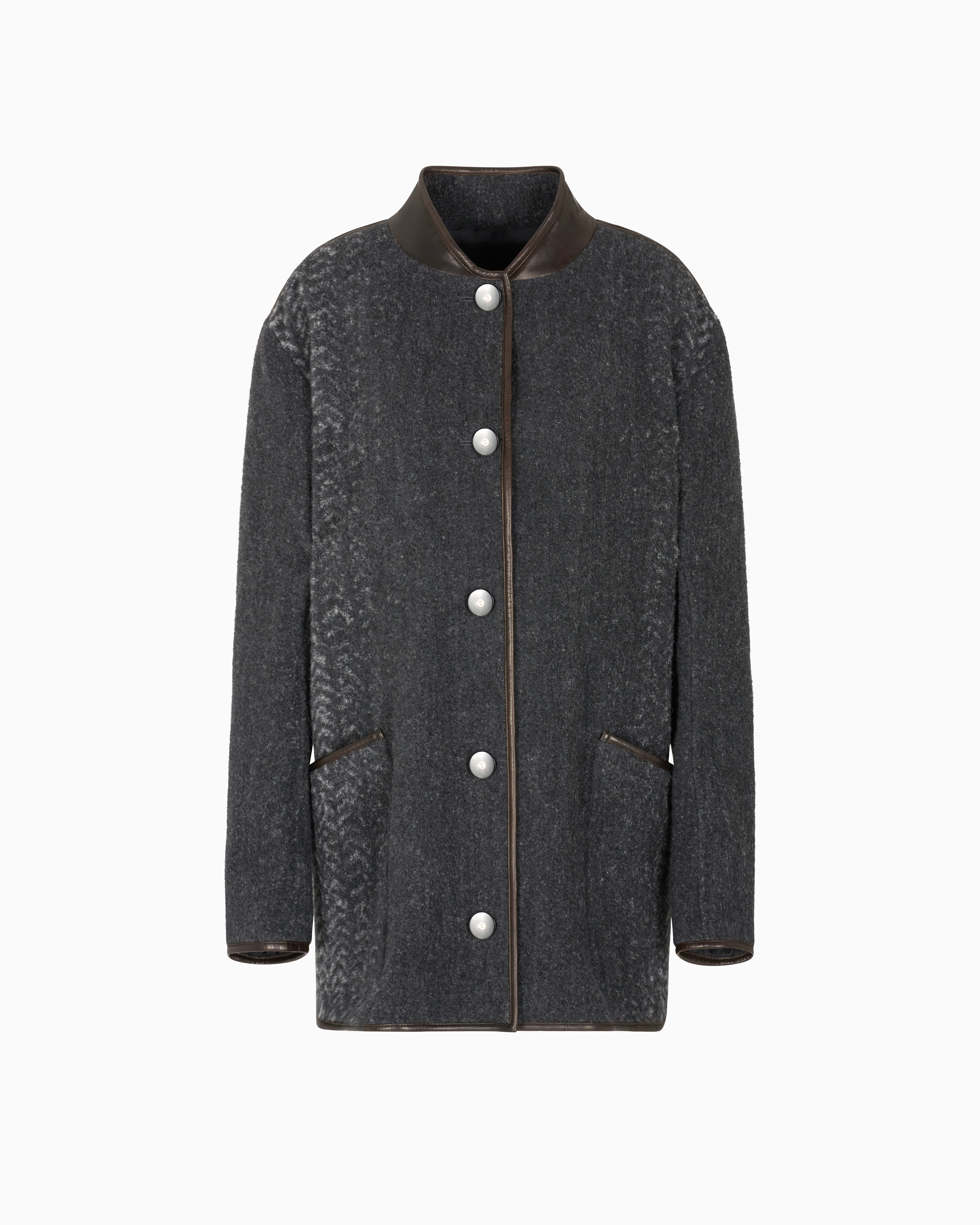 Giorgio Armani Chevron Bouclé Wool And Leather Pea Coat In Gray