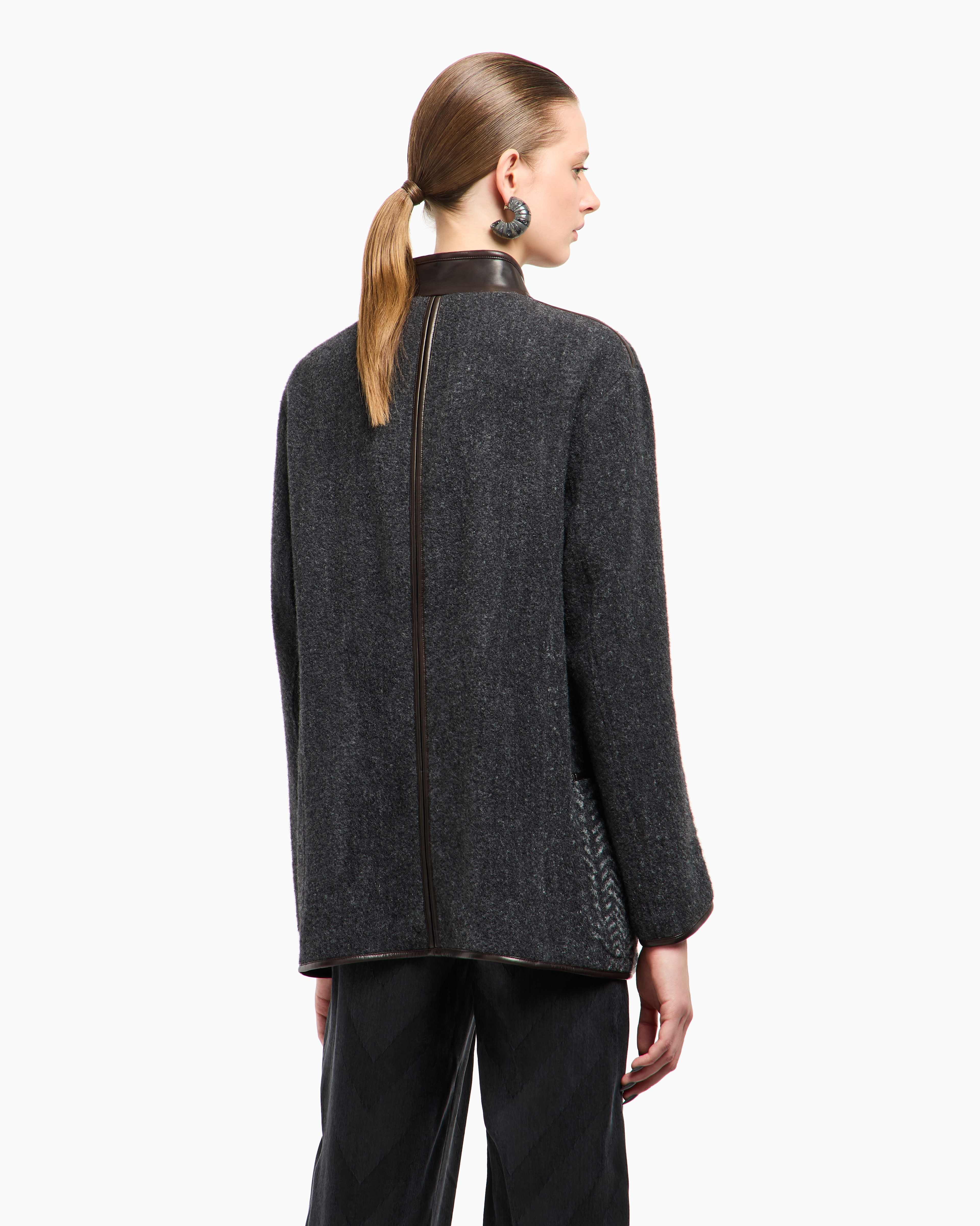 Giorgio Armani Chevron Bouclé Wool And Leather Pea Coat In Gray