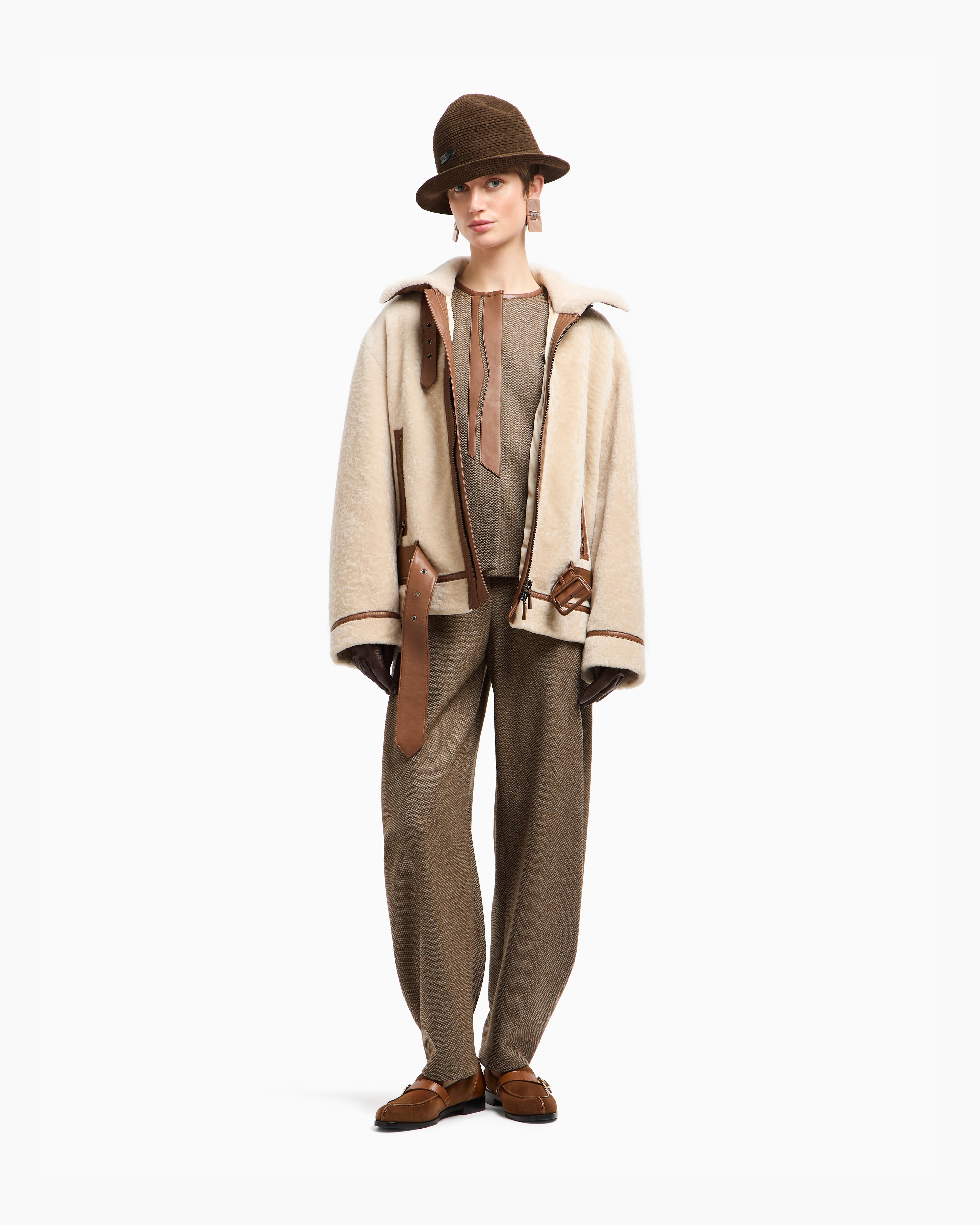 Giorgio Armani Single-breasted Jacket In Virgin Wool And Cashmere With Leather Details In Brown