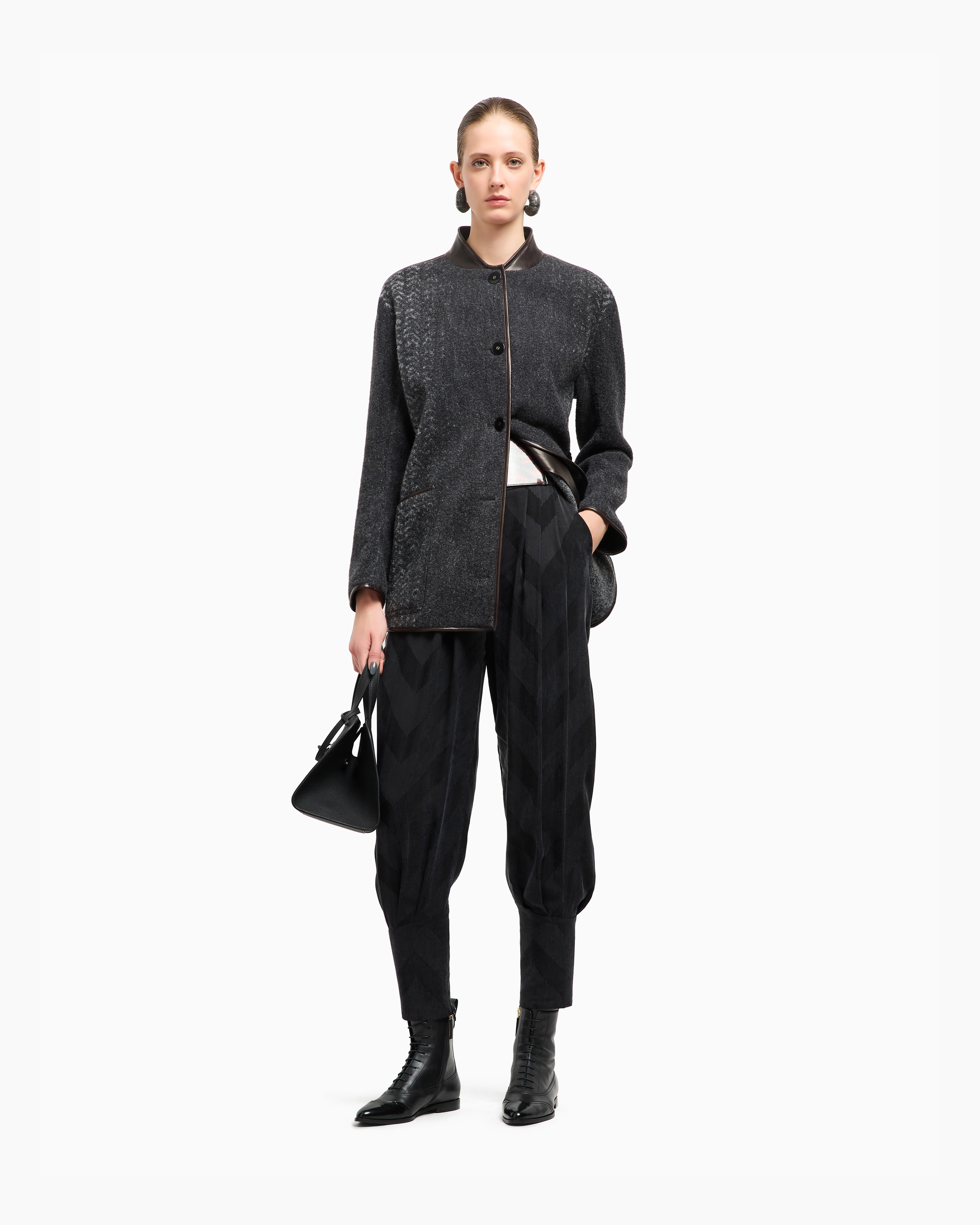Giorgio Armani Chevron Bouclé Wool And Leather Pea Coat In Gray
