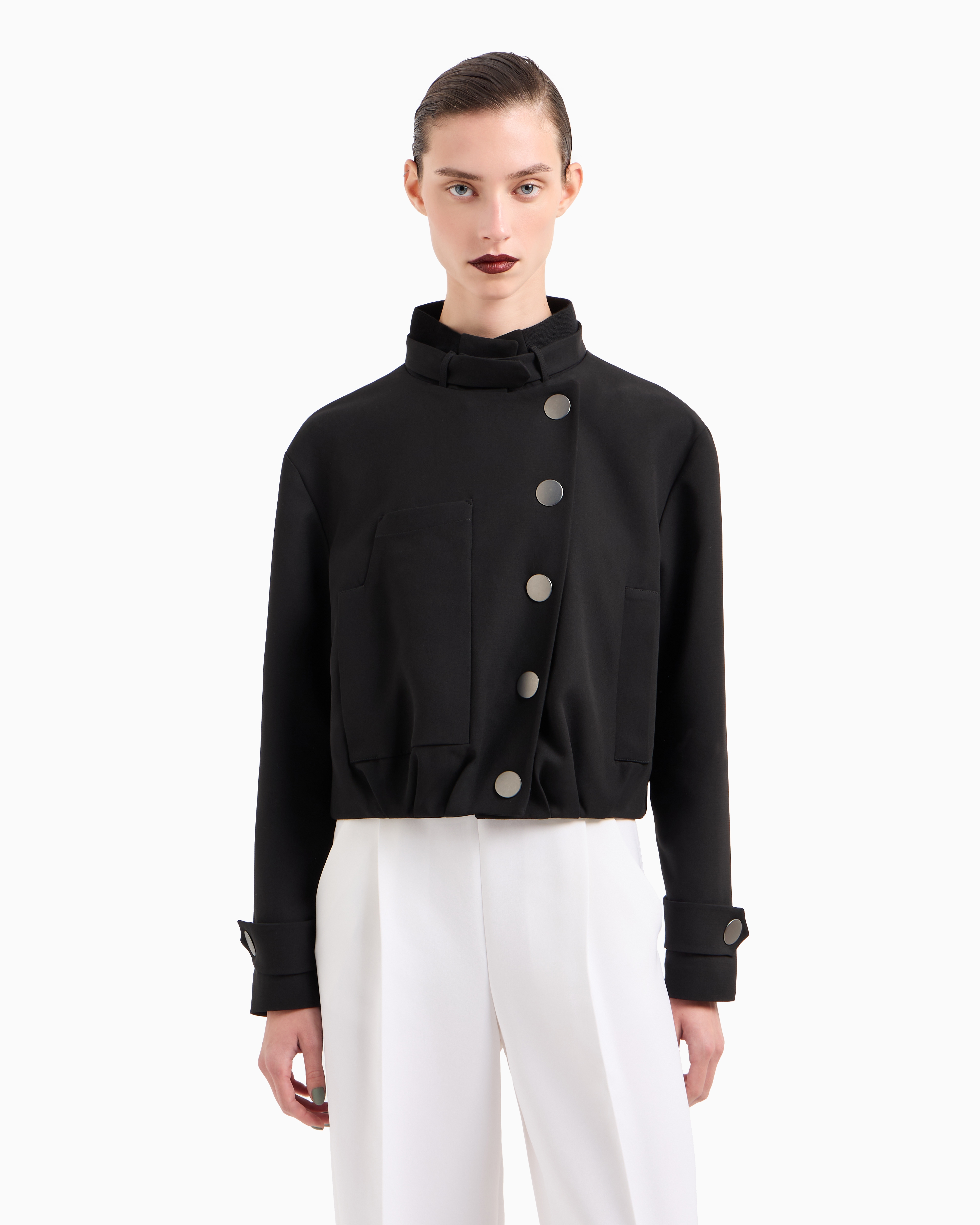 Giorgio Armani Short Pea Coat In Silk Crêpe Cady In Black