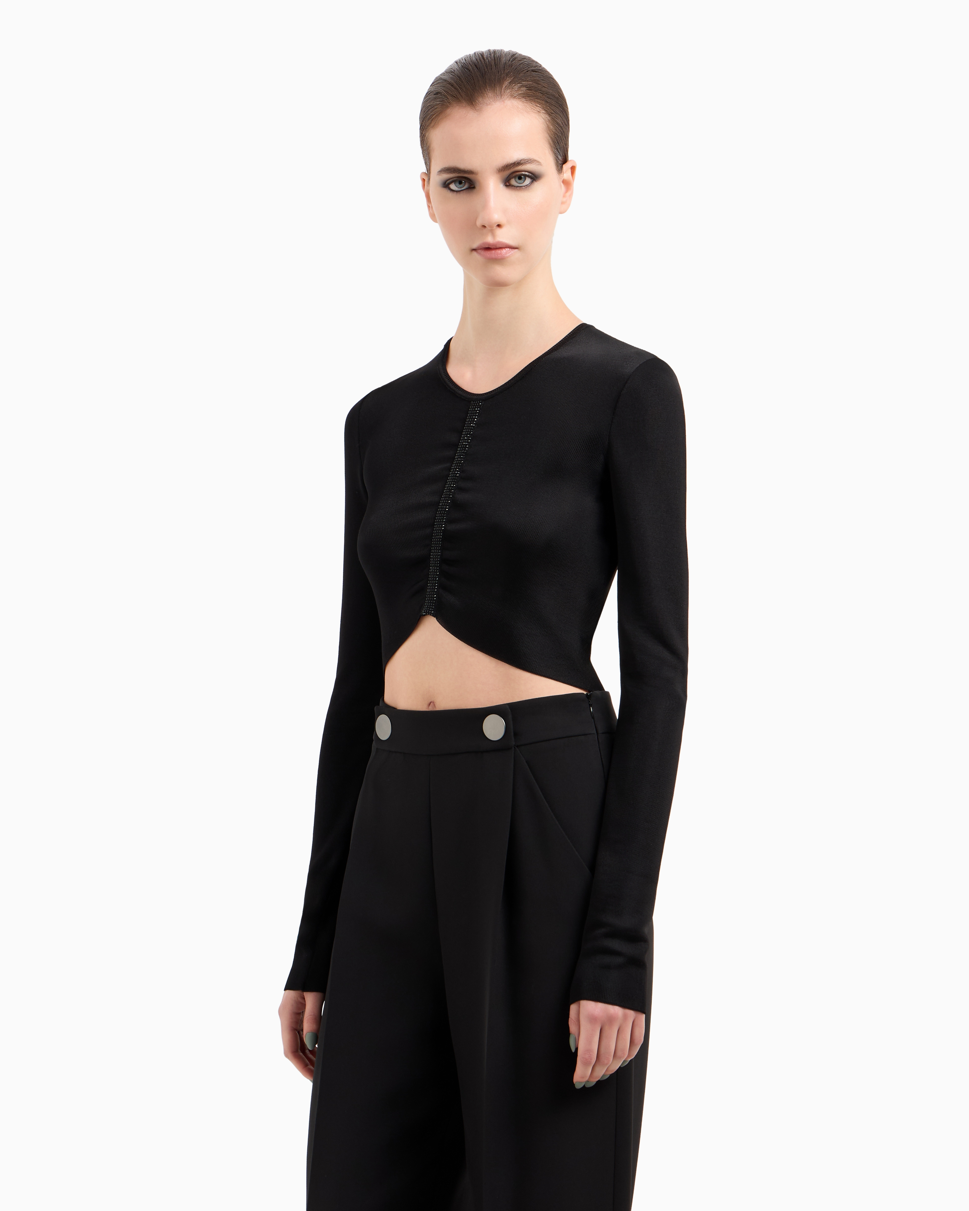 Giorgio Armani Embroidered Viscose Knit Short Jumper In Black