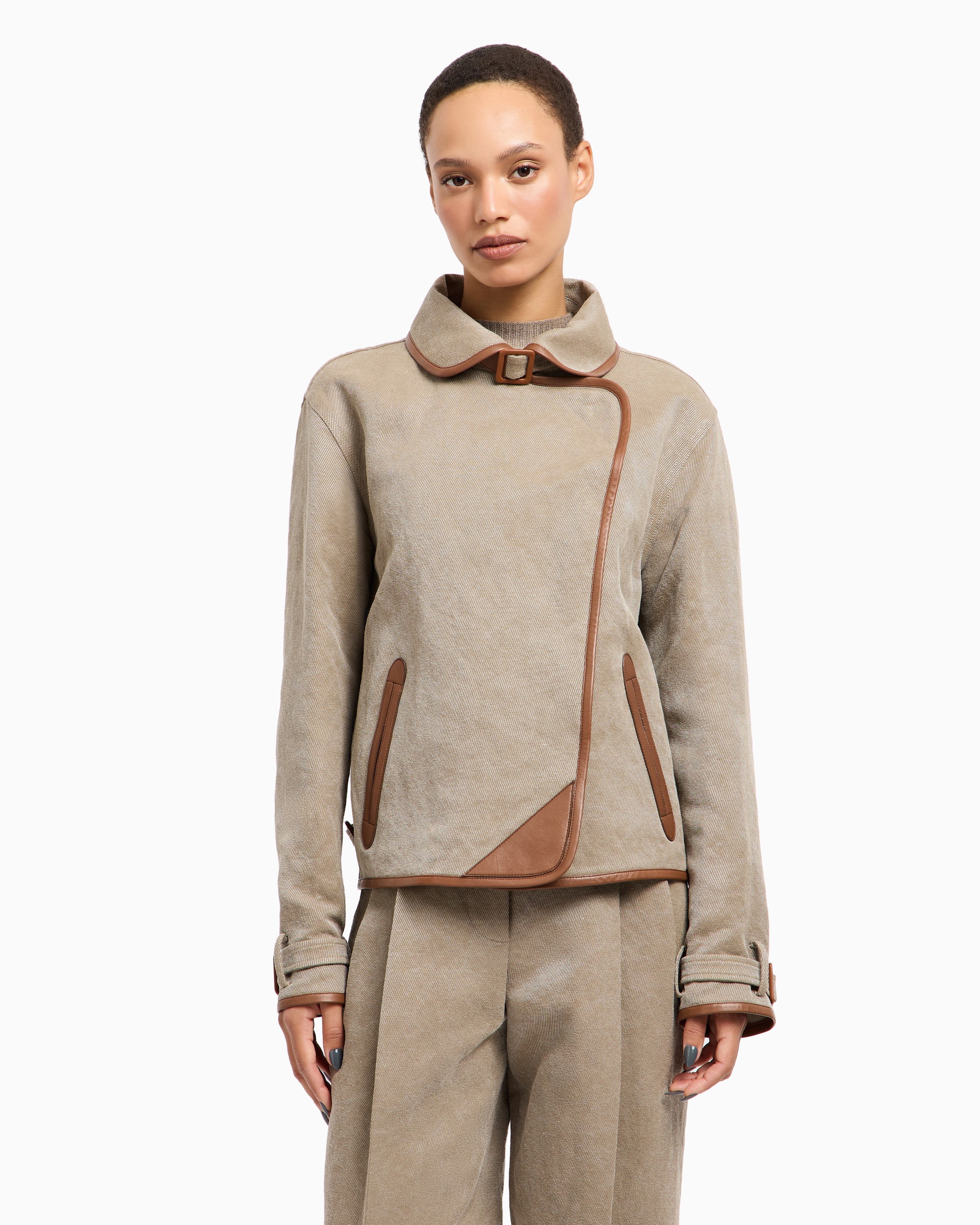 Giorgio Armani Hemp, Viscose And Cotton Cavalry Pea Coat In Neutral