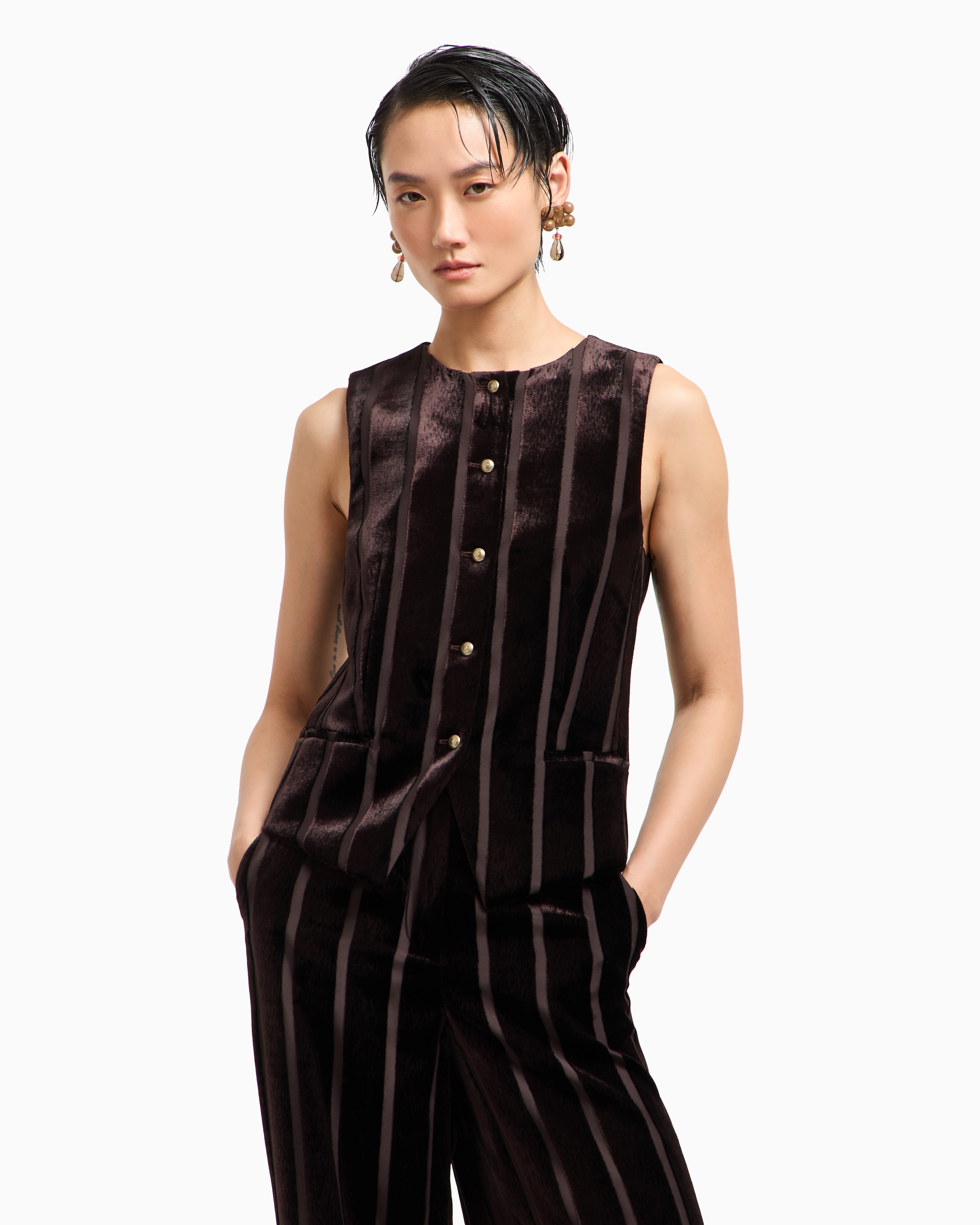 Giorgio Armani Single-breasted Waistcoat In Devoré-striped Corduroy In Pattern
