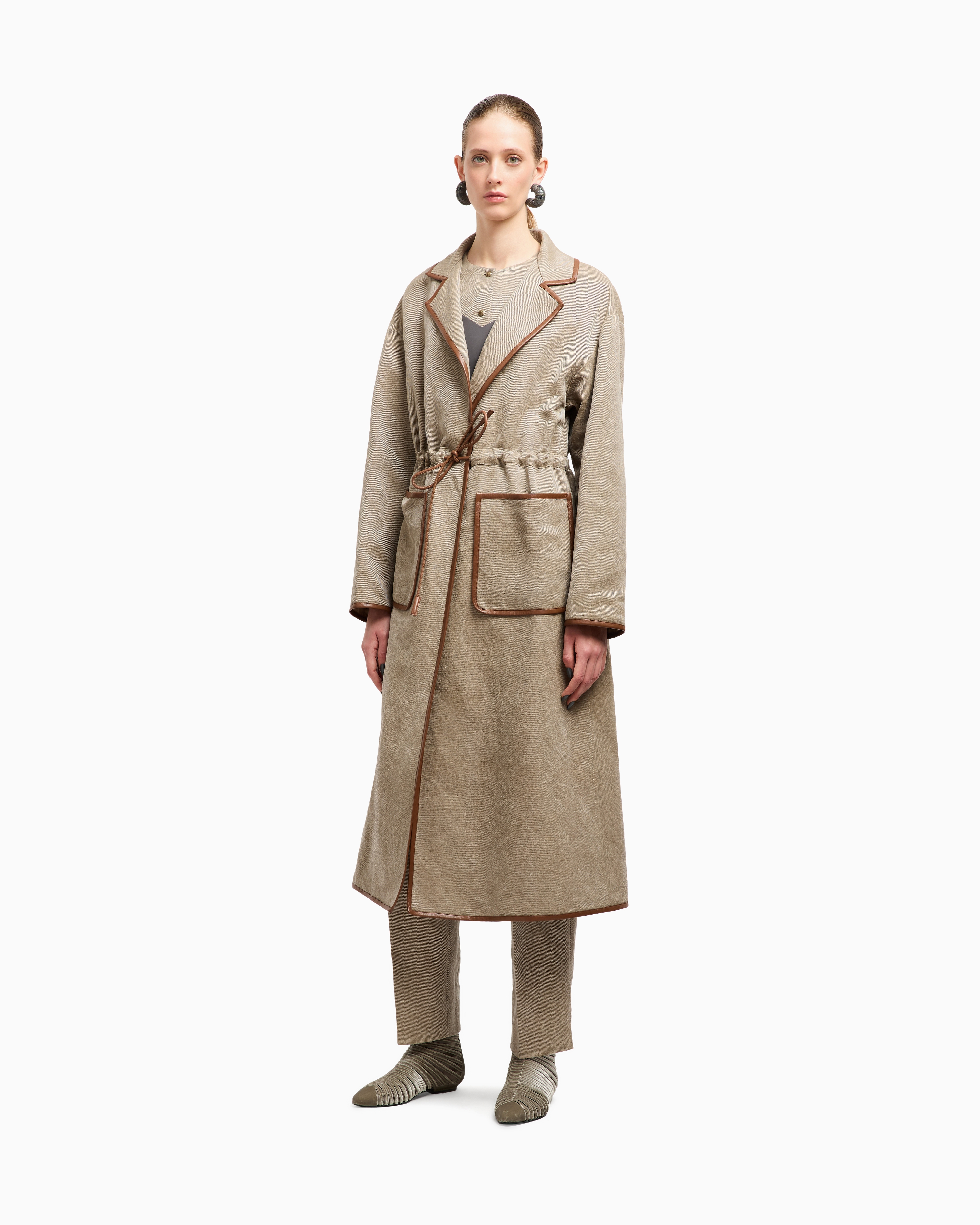 Giorgio Armani Hemp, Viscose And Cotton Cavalry Trench Coat In Neutral