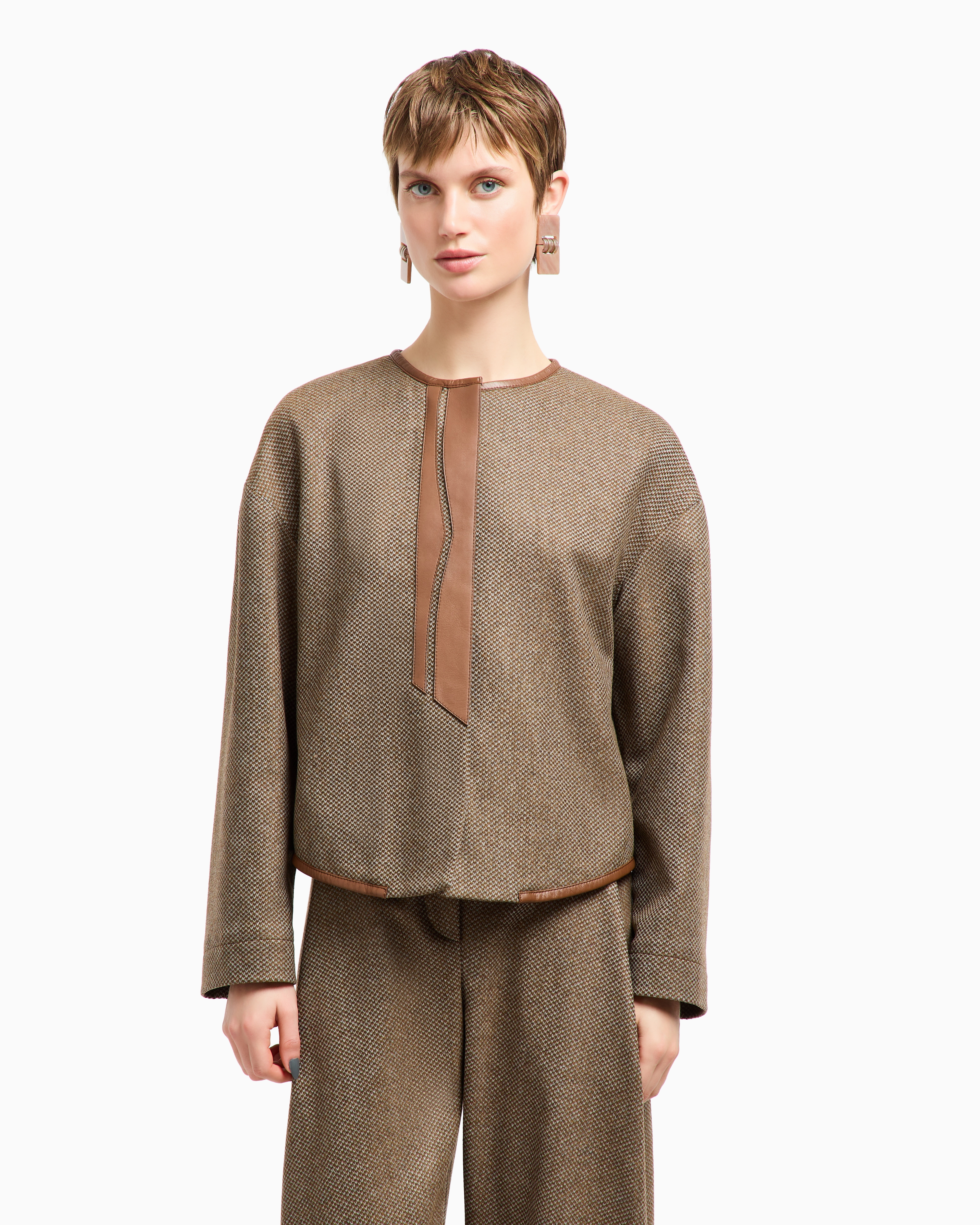 Giorgio Armani Single-breasted Jacket In Virgin Wool And Cashmere With Leather Details In Brown