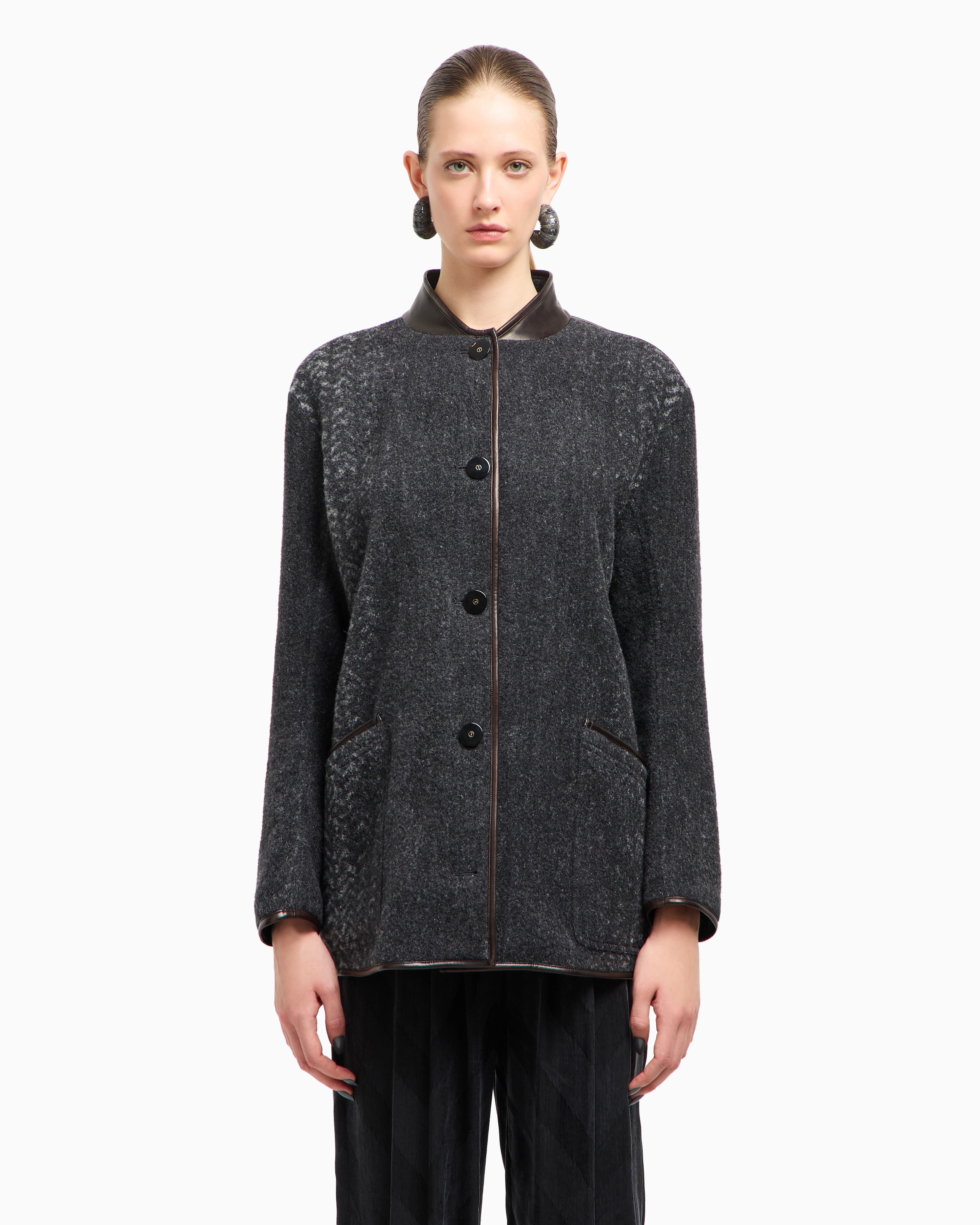 Giorgio Armani Chevron Bouclé Wool And Leather Pea Coat In Gray