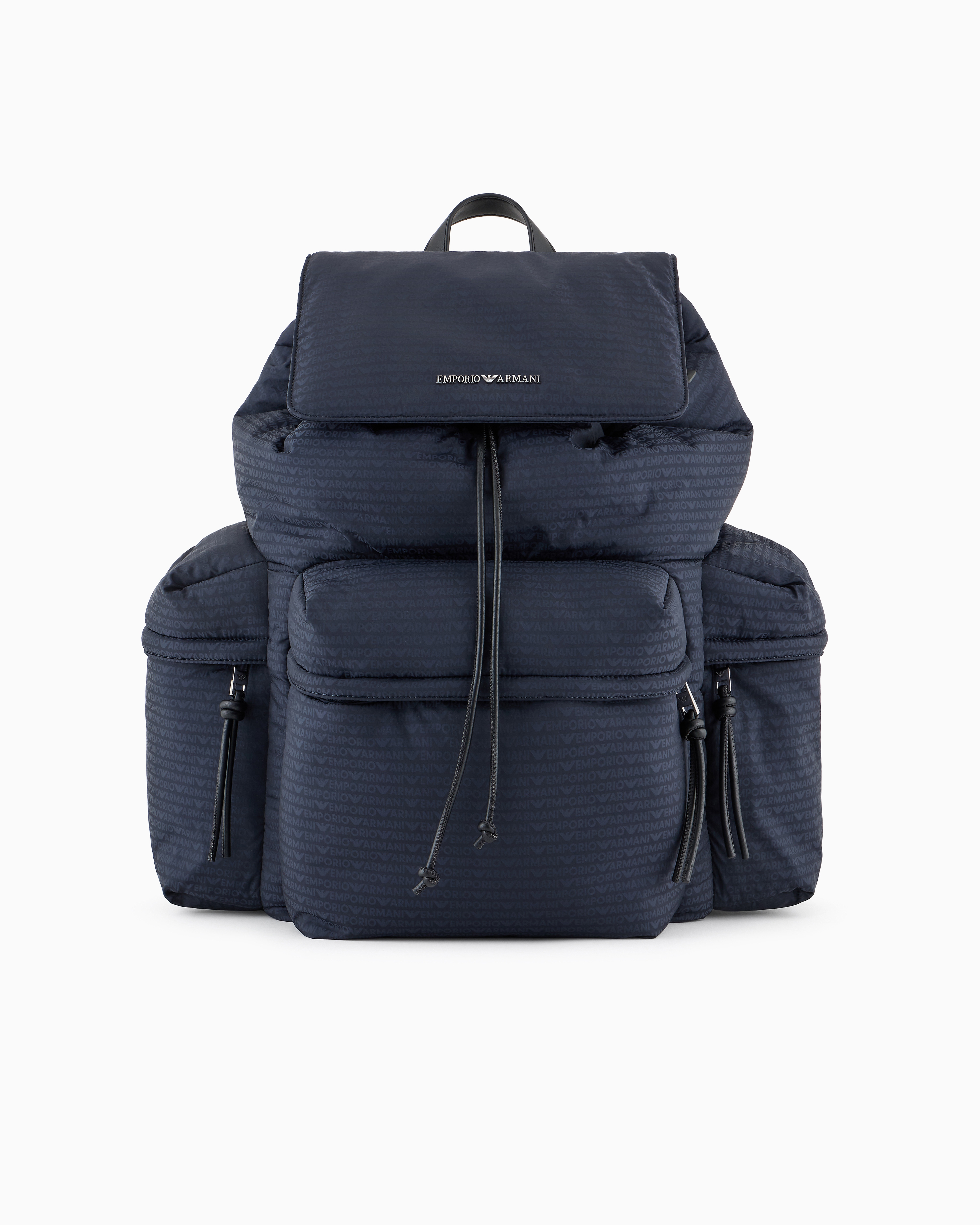 Emporio Armani - Nylon backpack with all-over, jacquard logo lettering, Man, Navy Blue, Size: TU