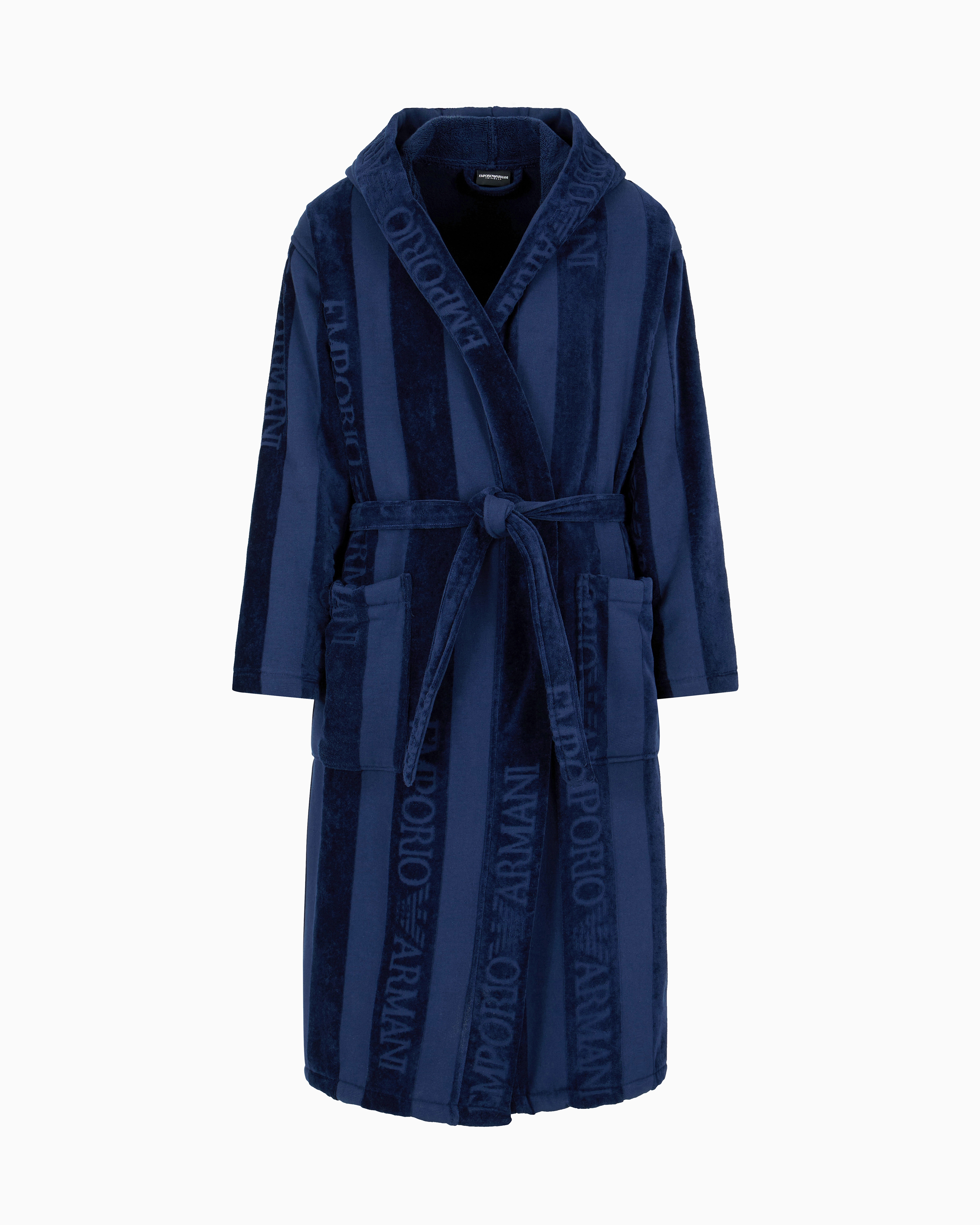 Emporio Armani - Striped terrycloth bathrobe with logo, Unisex, Navy Blue, Size: