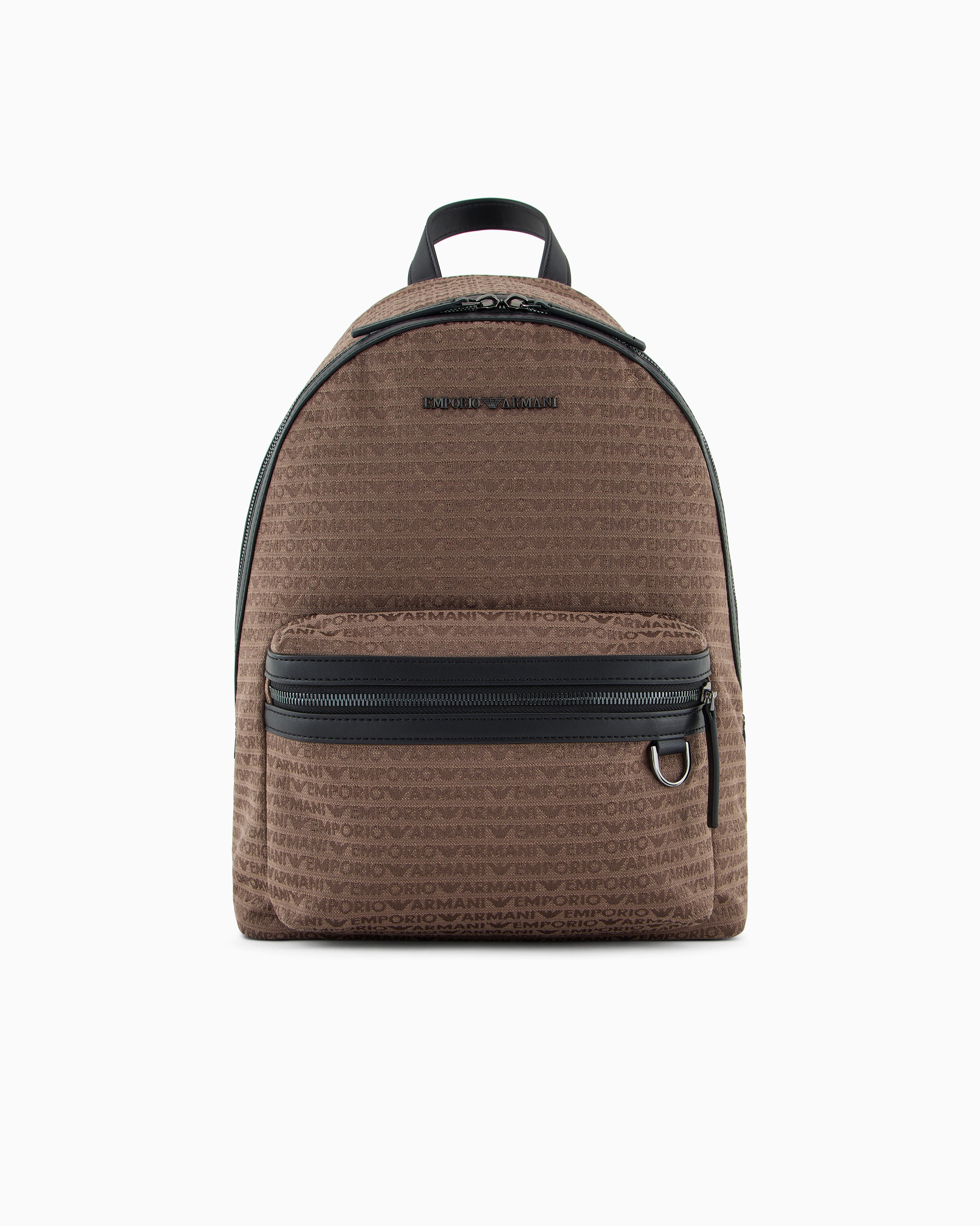 Emporio Armani - Jacquard backpack with all-over lettering, Man, Beige, Size: TU