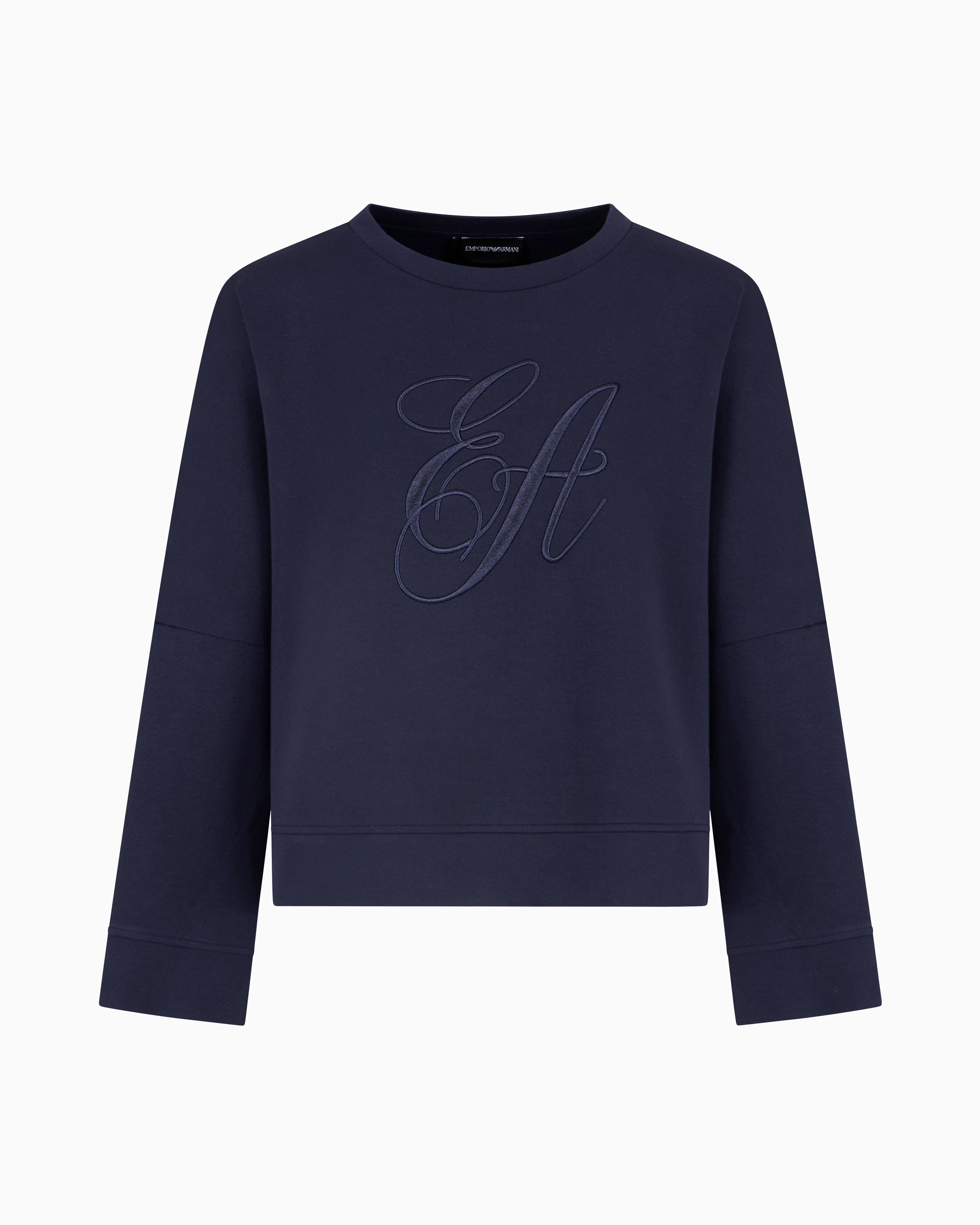 Emporio Armani - Double-jersey sweatshirt with oversized logo embroidery, Woman, Navy Blue, Size:
