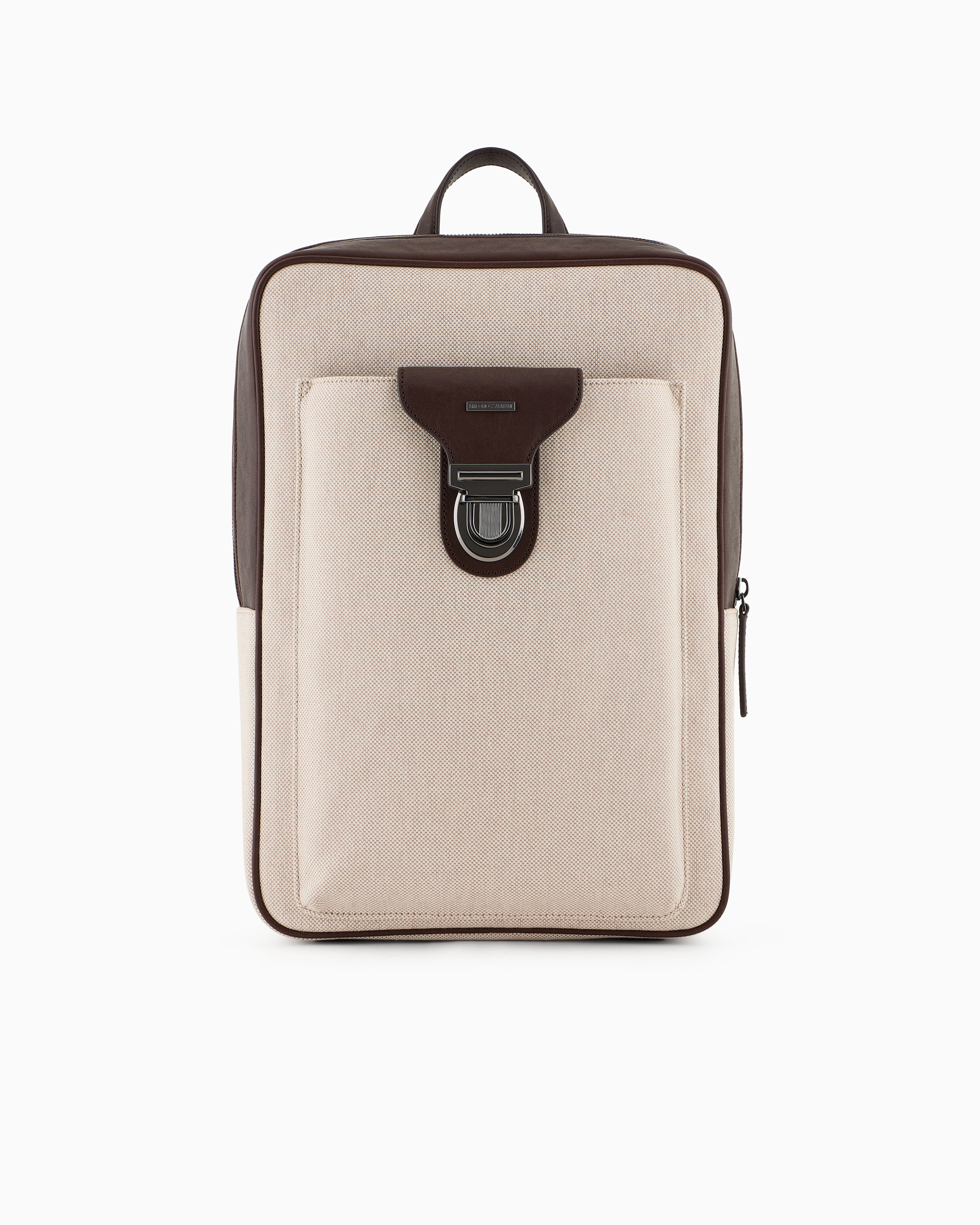 Emporio Armani - Canvas backpack with leather details, Man, Beige, Size: TU