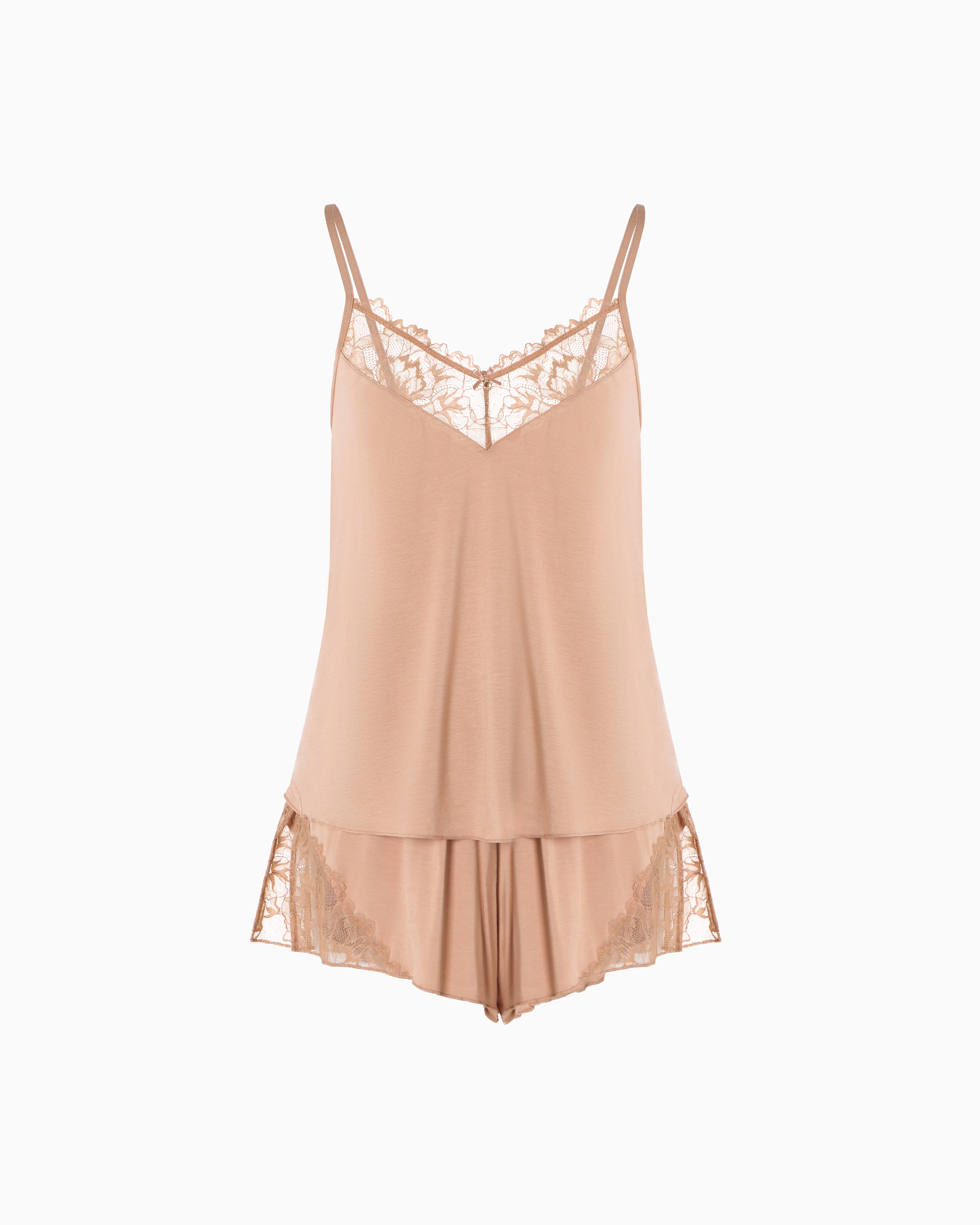 Emporio Armani Asv Eternal Lace Pyjama Top And Shorts With Recycled-lace Details In Neutral