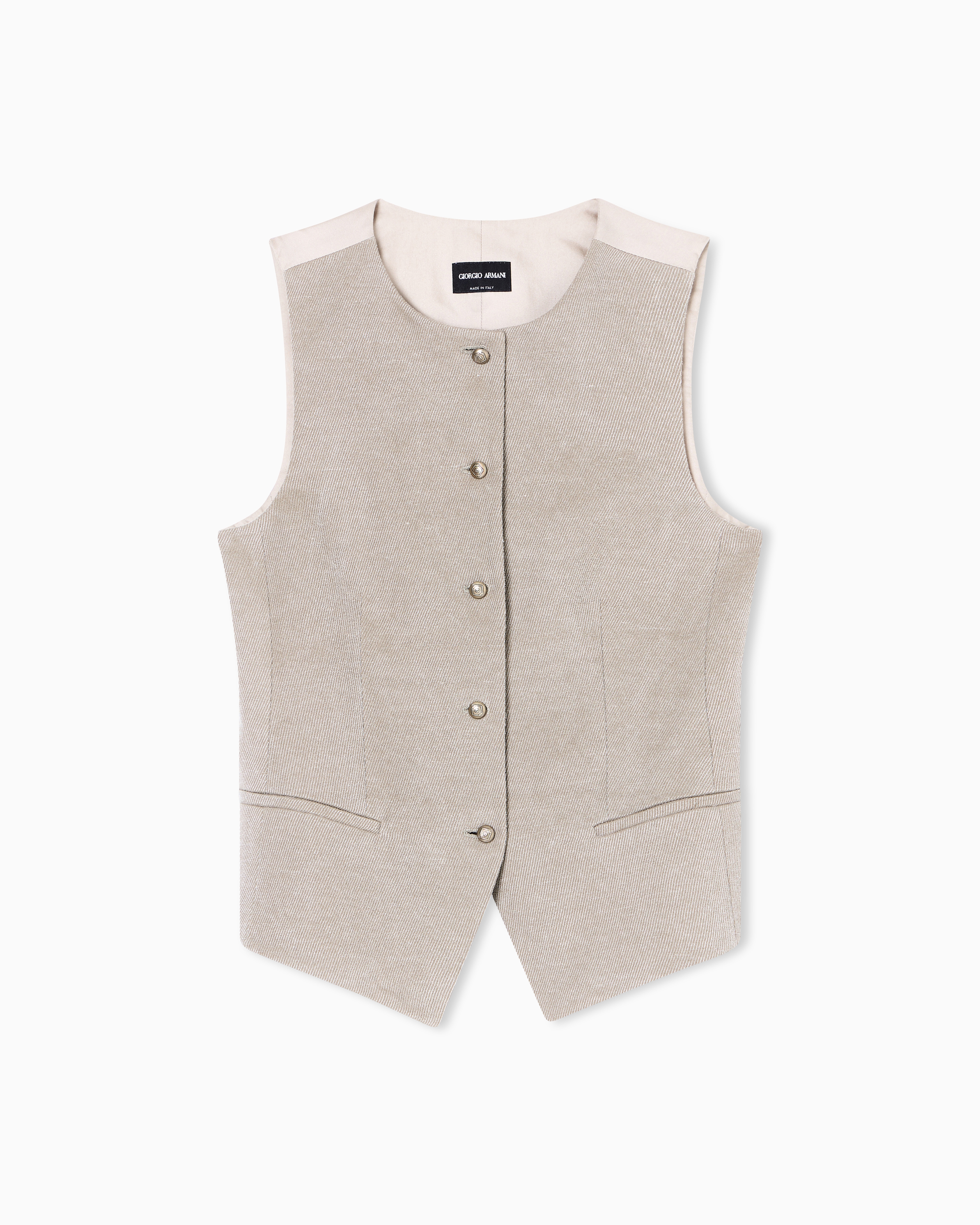 Giorgio Armani Single-breasted Waistcoat In Hemp, Viscose And Cotton Cavalry In Neutral