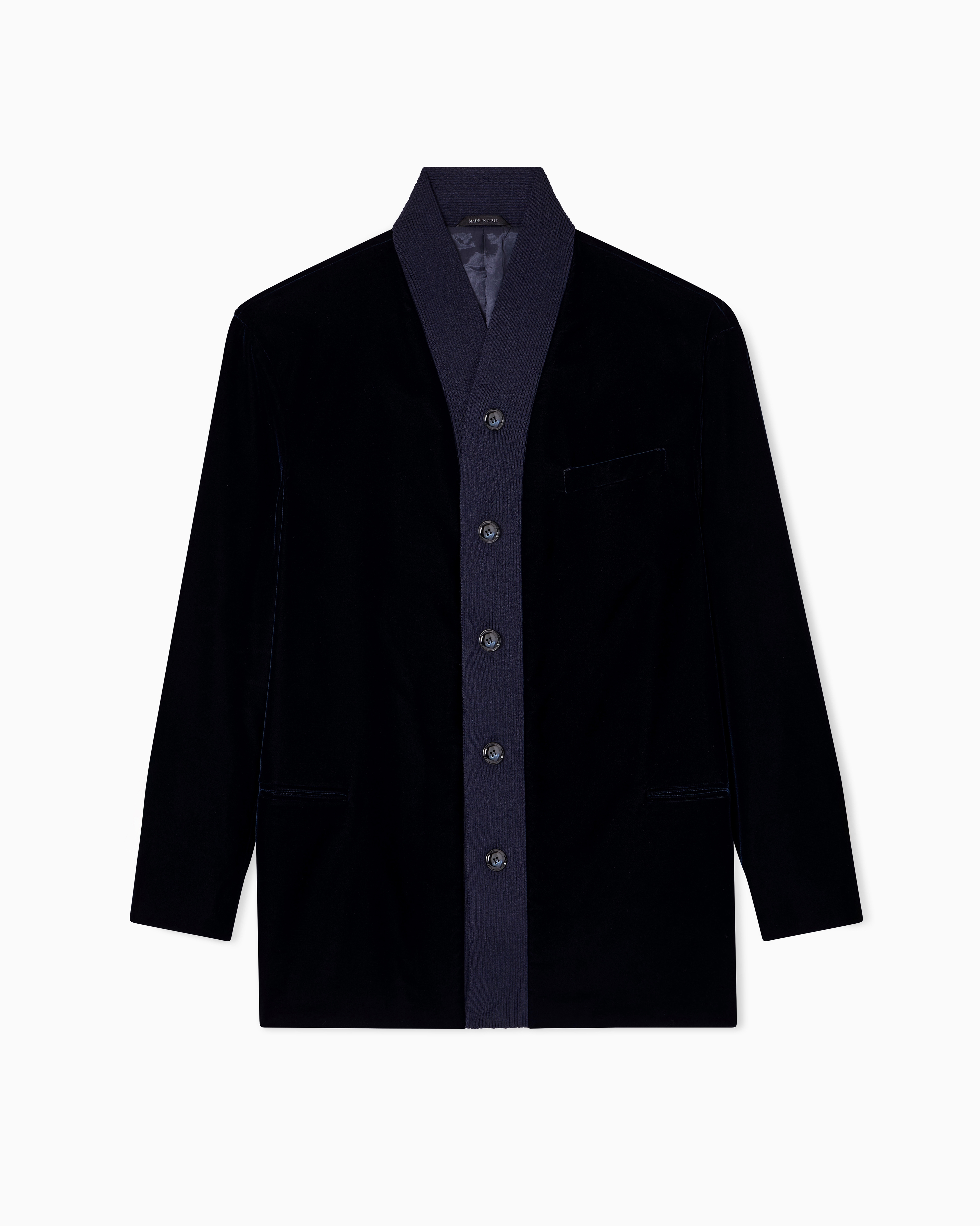 Giorgio Armani Single-breasted Jacket In Velvet With Knit Details In Blue