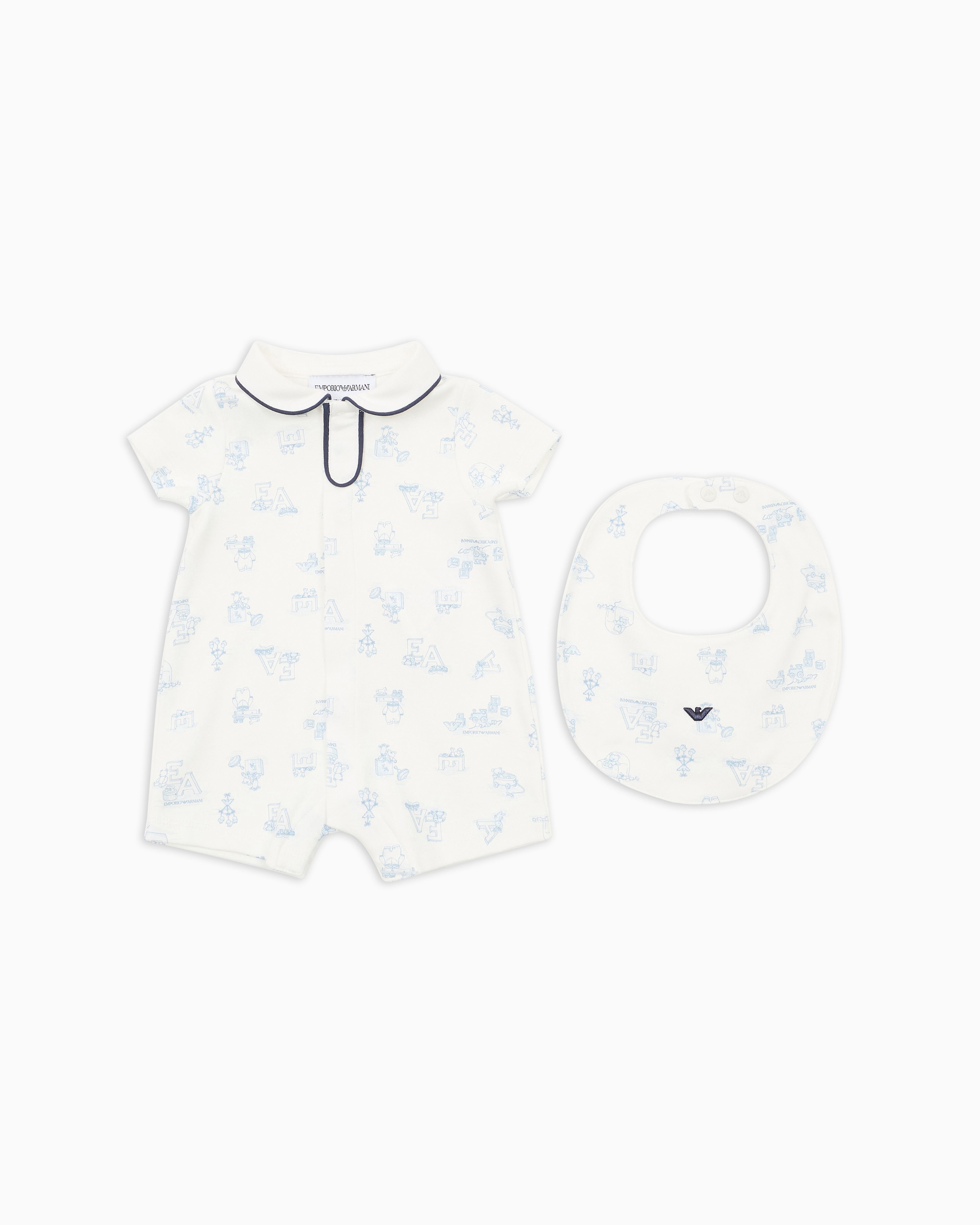 Emporio Armani - Sunday pattern interlock jersey romper and bib gift set, Unisex Junior, Light Blue, Size:
