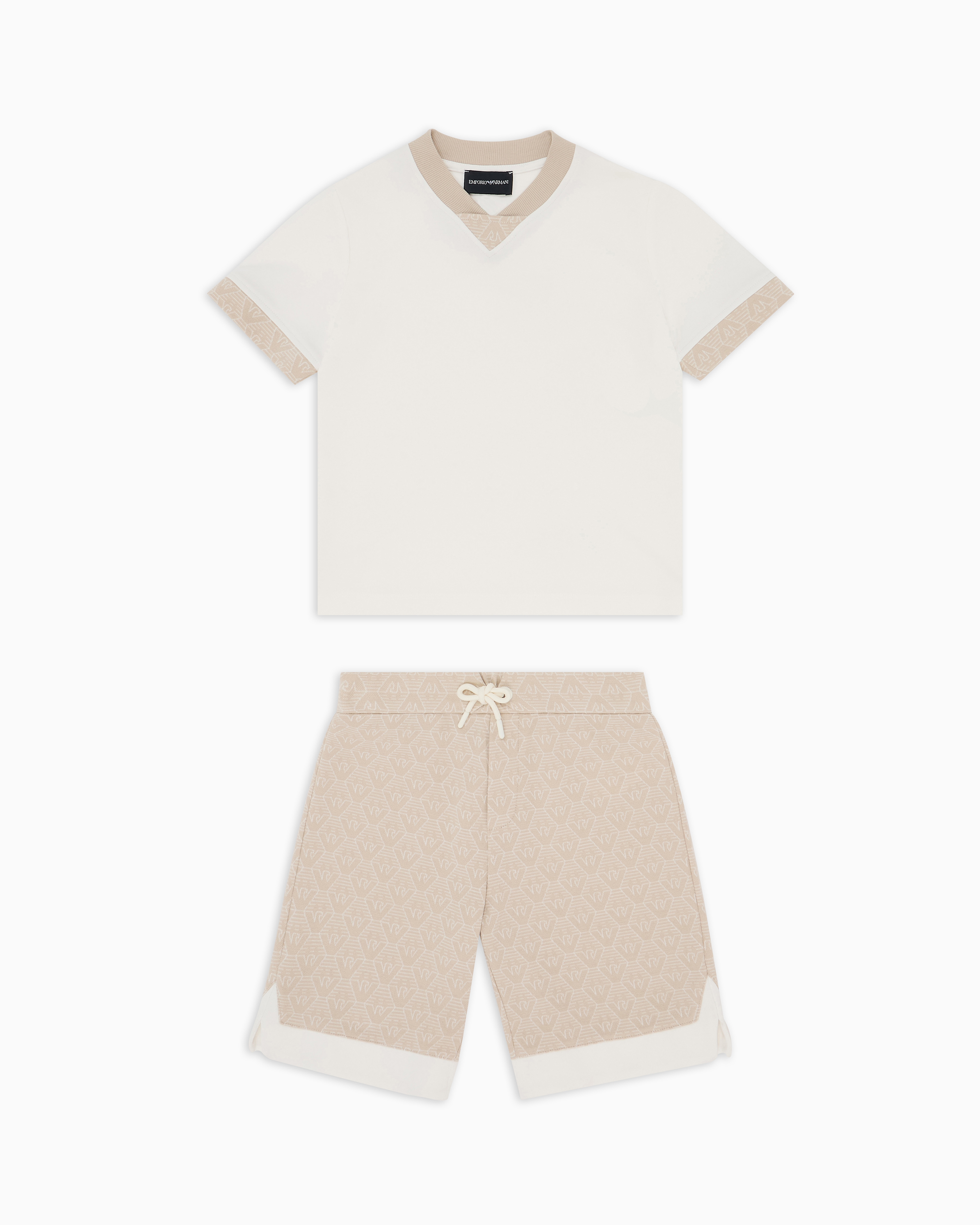 Emporio Armani - Jacquard jersey T-shirt and shorts set with all-over eagle, Boy, Beige, Size: