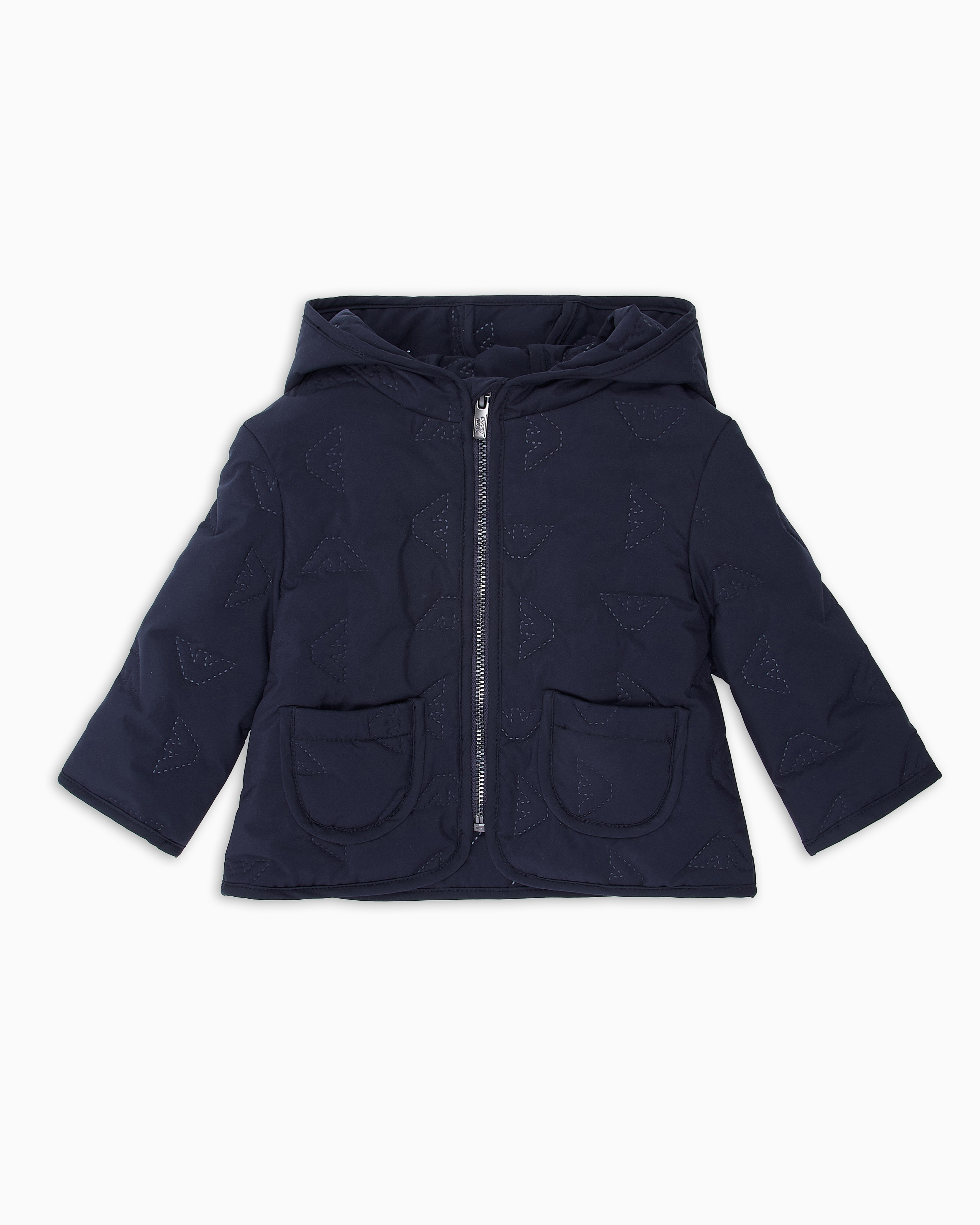 Emporio Armani - Quilted-effect nylon hooded blouson with all-over micro eagles, Boy, Navy_blue, Size: