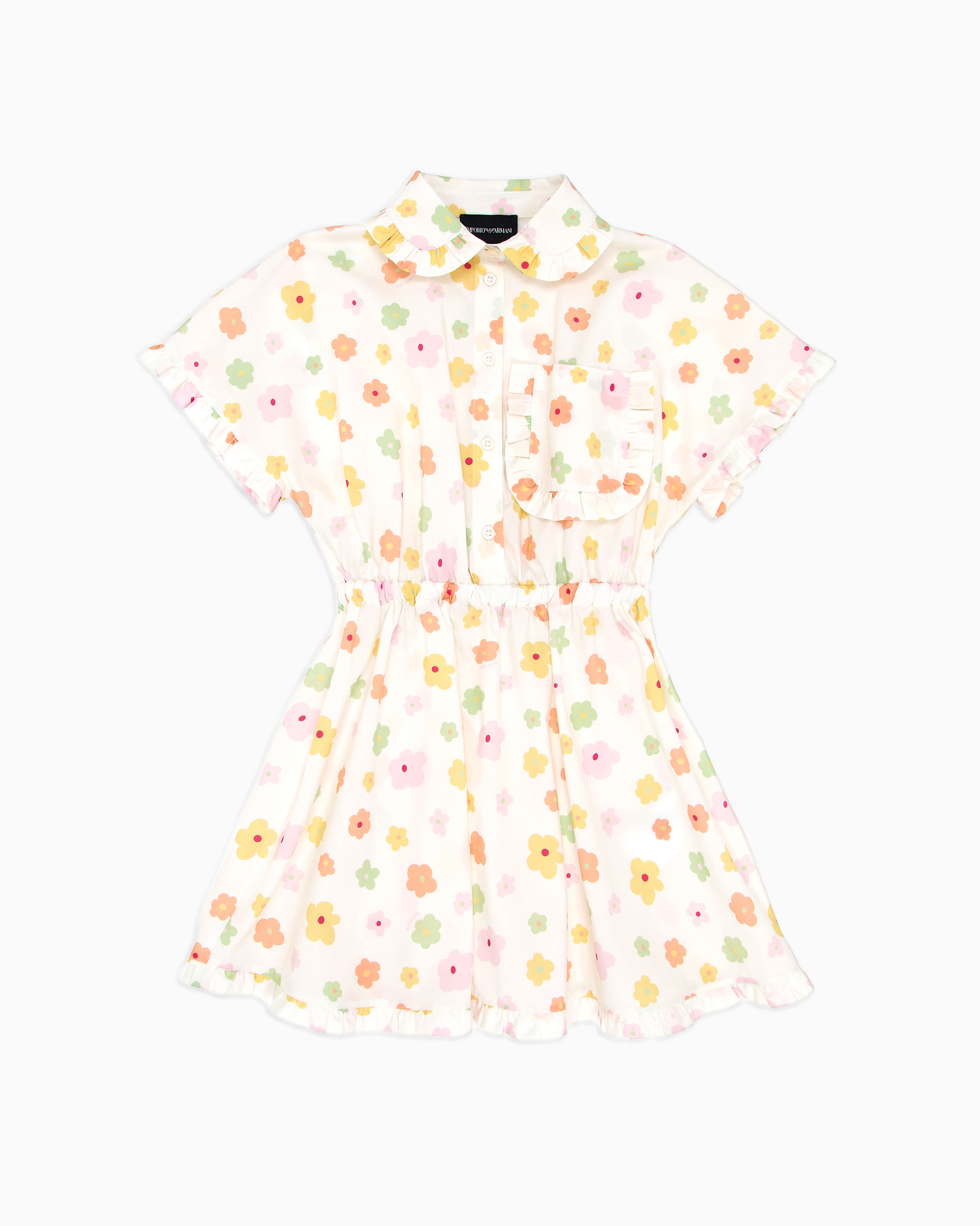 Emporio Armani - Poplin dress with elasticated waist and all-over print, Girl, Multicoloured, Size: