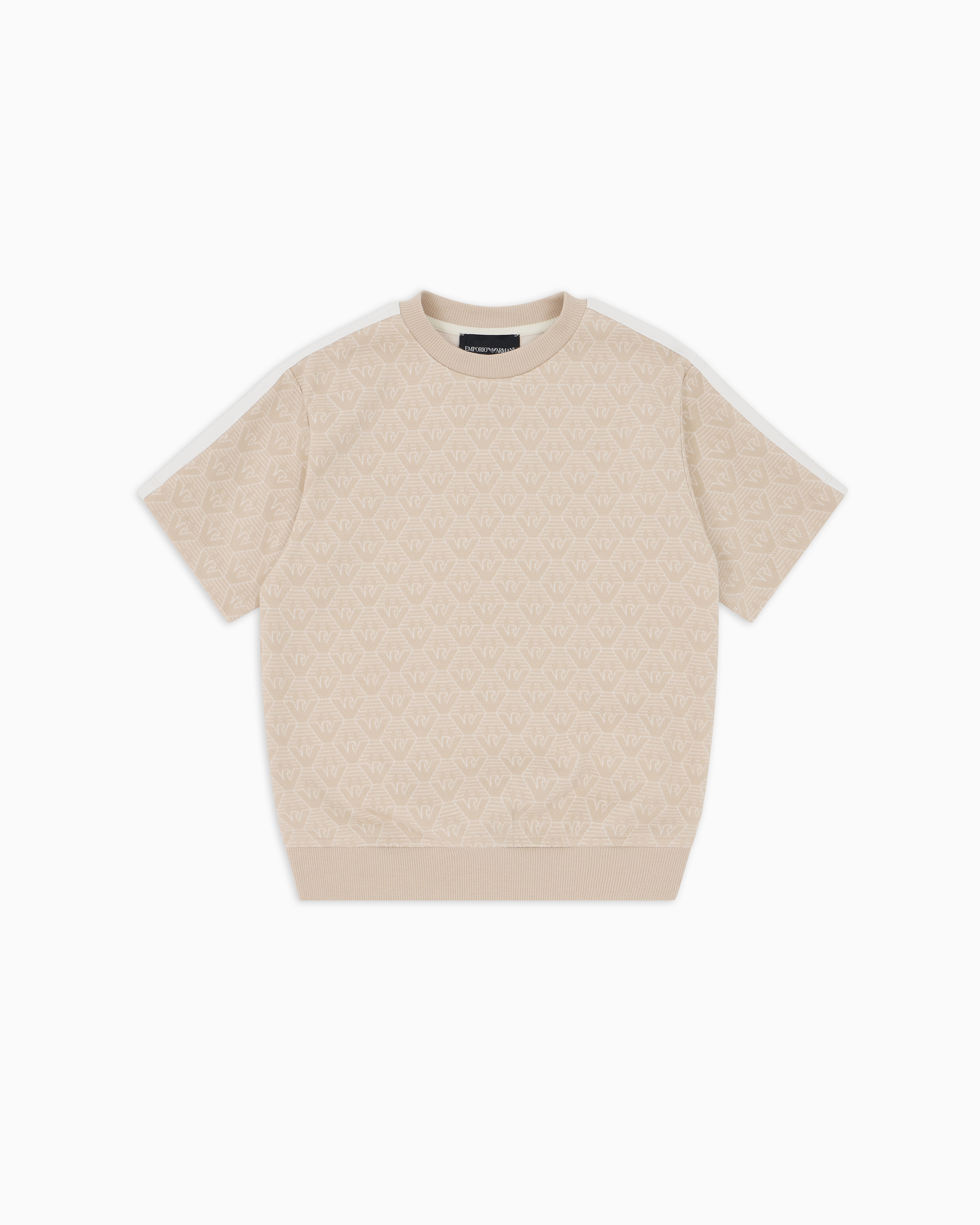Emporio Armani - ASV Jacquard jersey T-shirt with all-over eagle, Boy, Beige, Size: