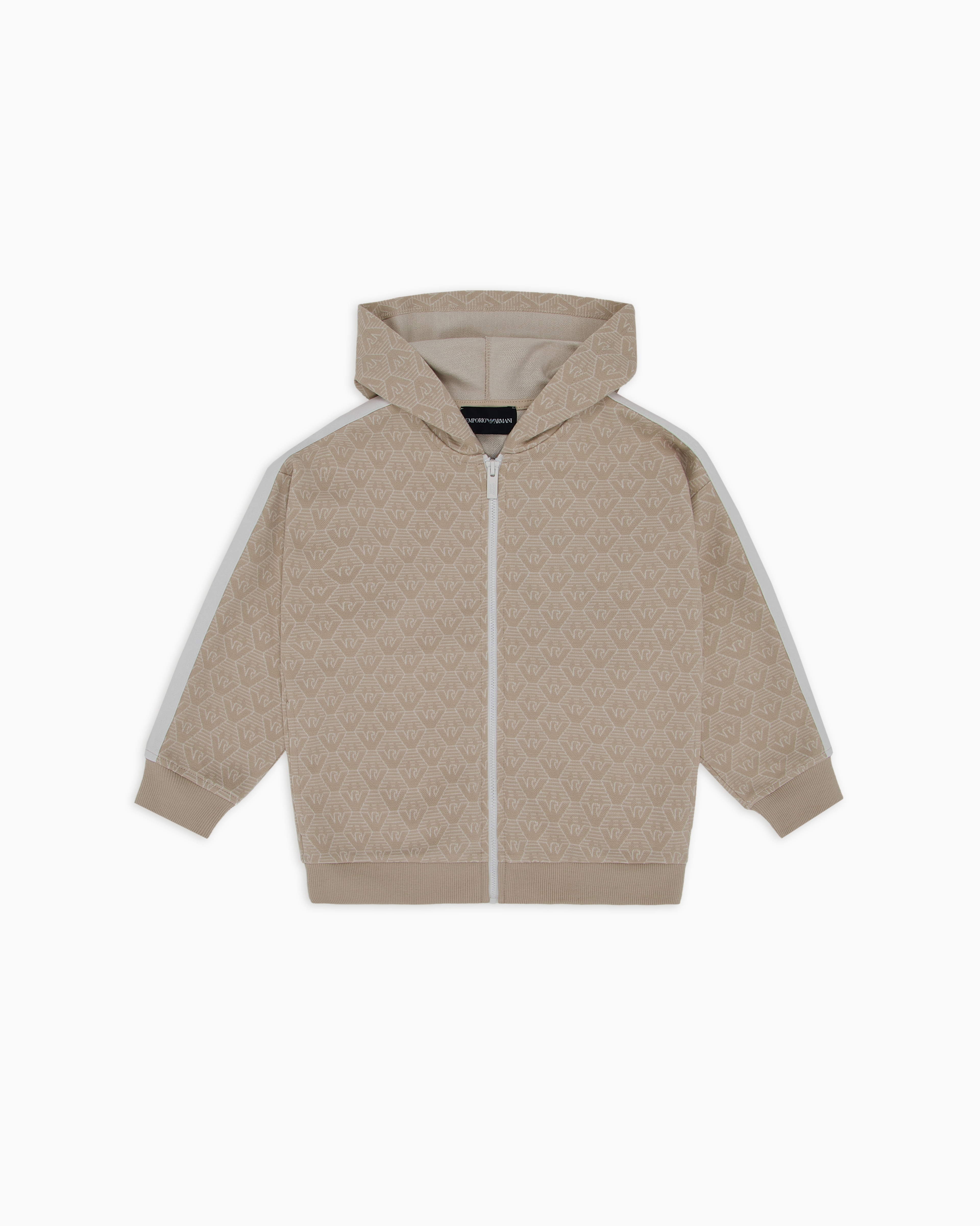 Emporio Armani - ASV Hooded, zip-up jacquard jersey sweatshirt with all-over eagle, Boy, Beige, Size: